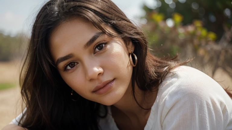 The image features a young woman positioned off-center to the right of the frame, against a plain, off-white background. She is wearing a crisp white shirt, which contrasts subtly with the background, giving her a professional or classic appearance. Her dark hair flows over her shoulders with soft waves and lighter brown highlights, contributing to her relaxed yet composed demeanor. The woman has a gentle smile, and her eyes gaze directly at the camera with a friendly and confident expression. The simplicity of the background ensures that all attention is on her, emphasizing her presence and expression in the photograph. Her skin tone, facial features, and dark hair suggest she may be of Hispanic or Latin descent. There are no other objects or people in the image that distract from her, creating a clean and focused portrait. The lighting is soft and even, casting no harsh shadows and highlighting her natural features. Her subtle makeup and jewelry, consisting of small earrings, enhance her look without overwhelming it. Overall, the photograph communicates a sense of openness, approachability, and professionalism.