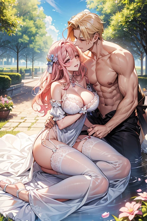 kiss、Couple、lover、Romance、OverFlowing、Full body paint、Exposed breasts、Sheer lace underwear、Remove underwear、Nipples、Nipplesが透ける、ピンクNipples、Pink areola、clitoris、Between strands、Coupleポーズ, Attractive pose, kissing together cutely, Passionate pose, 素敵なCouple, 1 male,(Blonde, Golden Eyes、expensive、190cm、manly、a handsome guy、Beautiful shape、Best Style、Beautiful Prince,Strong Body、Sexy Costumes、expensive、wet gown、Open chest、Flowing)、1 female(Pink Hair,Straight Long Hair、Pink Eyes、Cute big eyes,優しいLaughter、Decorate your hair with flowers、、huge tit、Best Style、Perfect Style、rise)、Put your arms around her waist、hug、Grab the waist、araffe woman in a white lingerie posing for a picture, lingeries beauty, wearing sexy lingerie, , Translucent dress, Translucent body, iridescent shiny sheer lingerie, Sexy Dress, wavy lingeries, Smooth, transparent white skin, lingerie, Beautiful and sexy woman photos, Sexy Style, Lovely lady, Transparent dress, V-neck open clothes, Young and elegant、erupt、Splash、spring, In the park on a sunny day, Bright sunny day、Bright sunny summer day,blue sky、Shine、about、Shine湖、Shimizu、Bright sunShine、Colorful flowers、Surrounded by flowers、intensive contact、Laughter、smile、Kind eyes