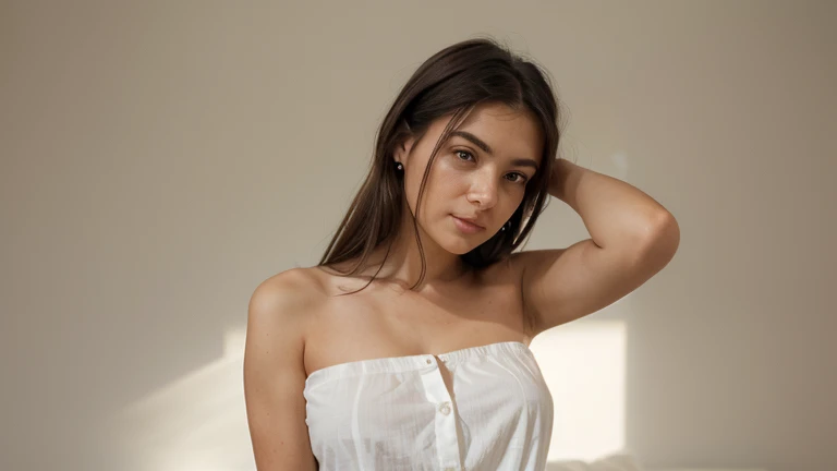 a young woman photographed against a plain, light background that gives a clean, minimalist feel to the image. The subject is positioned centrally, standing with her arms crossed, and she is facing the camera directly. Her expression is pleasant with a soft smile and relaxed eyes, which communicates an aura of friendliness and approachability. She is wearing a white button-up shirt, which contrasts gently with the light background and complements her dark hair, cascading over one shoulder. Her simple jewelry, a pair of stud earrings, adds a subtle elegance to her overall appearance without being distracting. The lighting in the photograph is soft and even, casting gentle shadows that highlight the contours of her face, enhancing her features naturally. The simplicity of the image, combined with the subject's open posture and serene expression, creates an inviting and professional atmosphere. The lack of any distracting elements focuses all attention on the subject, making it likely suitable for a variety of uses, such as professional profiles or personal branding.
