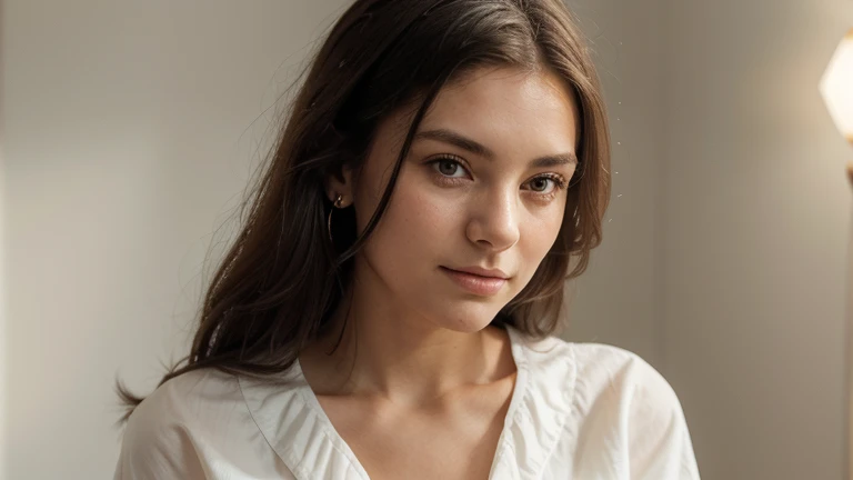 Gere uma imagem realista de um jovem . Ela tem 25 anos, tem olhos castanhos expressivos e cabelos pretos com brilho natural. Its vibrant and authentic appearance, reflecting a mix of curiosity and elegance. Vista-se com estilo Equilibrando conforto e moda, She's drinking water