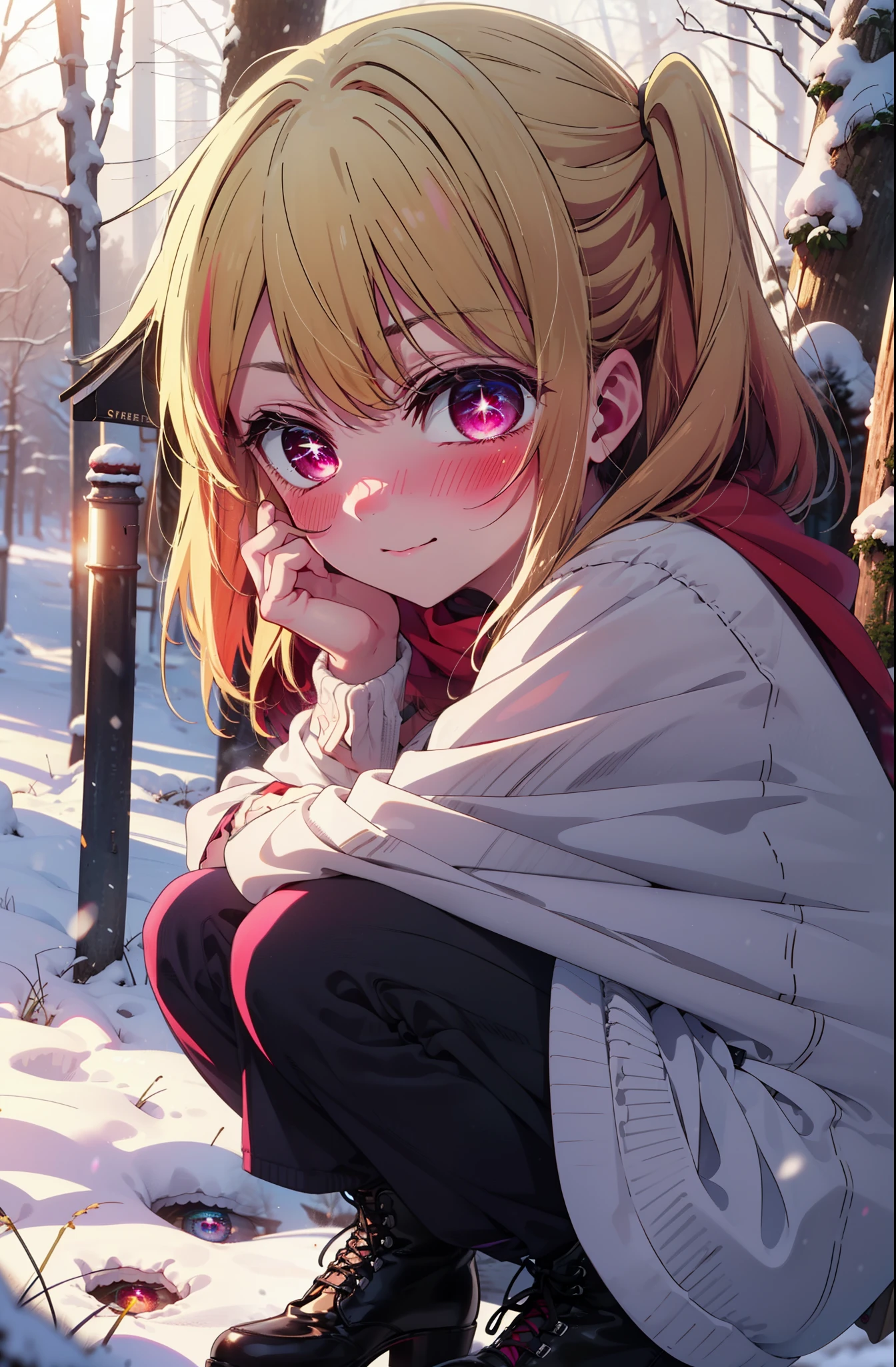 rubyhoshino, Hoshino Ruby, Long Hair, bangs, Blonde Hair, (Pink Eyes:1.3), Side Lock, (Symbol-shaped pupil:1.5), Multicolored Hair, Two-tone hair, smile,,smile,blush,White Breath,
Open your mouth,snow,Ground bonfire, Outdoor, boots, snowing, From the side, wood, suitcase, Cape, Blurred, , forest, White handbag, nature, Squat, Mouth closed, Cape, winter, Written boundary depth, Black shoes, red Cape break looking at viewer, Upper Body, whole body, break Outdoor, forest, nature, break (masterpiece:1.2), highest quality, High resolution, unity 8k wallpaper, (shape:0.8), (Beautiful and beautiful eyes:1.6), Highly detailed face, Perfect lighting, Extremely detailed CG, (Perfect hands, Perfect Anatomy),