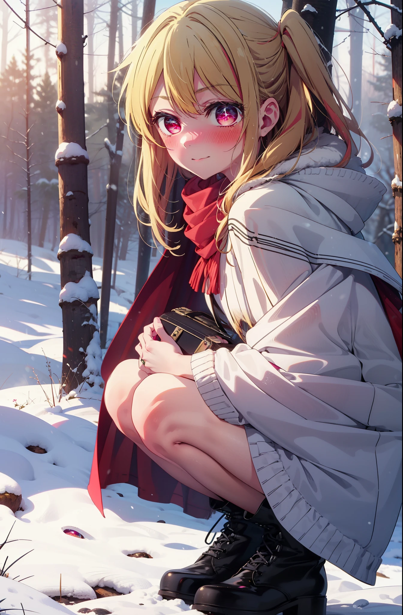 rubyhoshino, Hoshino Ruby, Long Hair, bangs, Blonde Hair, (Pink Eyes:1.3), Side Lock, (Symbol-shaped pupil:1.5), Multicolored Hair, Two-tone hair, smile,,smile,blush,White Breath,
Open your mouth,snow,Ground bonfire, Outdoor, boots, snowing, From the side, wood, suitcase, Cape, Blurred, , forest, White handbag, nature, Squat, Mouth closed, Cape, winter, Written boundary depth, Black shoes, red Cape break looking at viewer, Upper Body, whole body, break Outdoor, forest, nature, break (masterpiece:1.2), highest quality, High resolution, unity 8k wallpaper, (shape:0.8), (Beautiful and beautiful eyes:1.6), Highly detailed face, Perfect lighting, Extremely detailed CG, (Perfect hands, Perfect Anatomy),