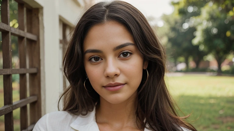 The image features a young woman positioned off-center to the right of the frame, against a plain, off-white background. She is wearing a crisp white shirt, which contrasts subtly with the background, giving her a professional or classic appearance. Her dark hair flows over her shoulders with soft waves and lighter brown highlights, contributing to her relaxed yet composed demeanor. The woman has a gentle smile, and her eyes gaze directly at the camera with a friendly and confident expression. The simplicity of the background ensures that all attention is on her, emphasizing her presence and expression in the photograph. Her skin tone, facial features, and dark hair suggest she may be of Hispanic or Latin descent. There are no other objects or people in the image that distract from her, creating a clean and focused portrait. The lighting is soft and even, casting no harsh shadows and highlighting her natural features. Her subtle makeup and jewelry, consisting of small earrings, enhance her look without overwhelming it. Overall, the photograph communicates a sense of openness, approachability, and professionalism.