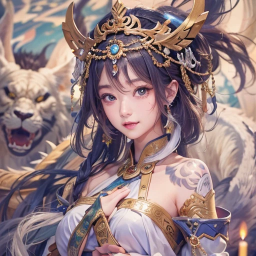 Hiding in an ancient shrine、Hair flow、 ((highest quality、masterpiece、8k、Best image quality、Ultra-high resolution、Award-winning works)、(Accurate anatomy:1.1)、(Look at me and smile:1.1)、Shining fair skin with Ultra-high resolution、The most detailed face、Ultra-high resolution detailed face、Ultra-high resolutionの髪の毛、(Ultra-high resolutionの煌めく瞳:1.1)、Beautiful face drawn in every detail、(Blurred Background:1.1)、Ancient maiden costume, Chest to chest, tattoo、With a huge white snake at his side