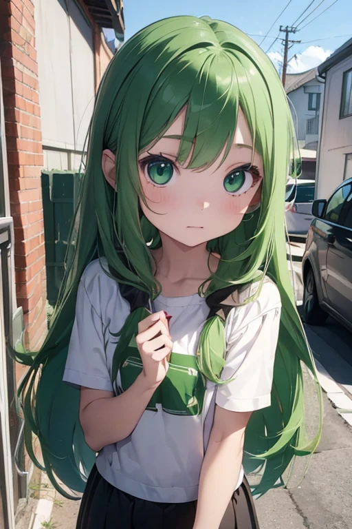 /(girl1),(anime),(White skin color),(Green eyes),(child),(8 years old),(long green hair)