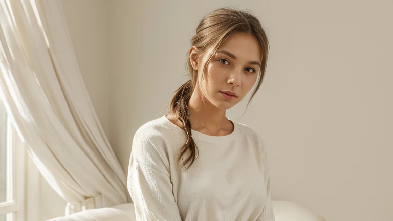 he image features a young woman standing against a plain, light-colored background. She has her hair tied up in a casual, yet stylish top knot. The woman is wearing a classic white blouse with a relaxed and comfortable fit, which is complemented by the subtle, earthy tone of her trousers peeking into the frame. Her arms are crossed confidently across her stomach, conveying a sense of self-assurance and composure. The simplicity of her attire contrasts with her striking facial features; her eyes are engaging with a soft, thoughtful gaze directed slightly off-camera, and her natural makeup enhances without overwhelming her look. There is a faint smile playing at the corners of her mouth, suggesting approachability and a serene demeanor. The lack of any distracting elements in the background places full emphasis on the woman herself, creating a portrait that feels both personal and professional.