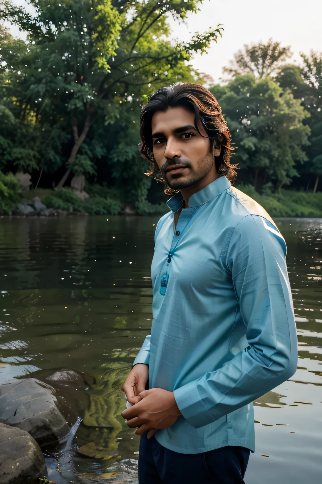 Create a detailed portrait of Rahil, the Water Whisperer. He is a male in his mid 30s, with Shoulder length, wavy brown hair that flows naturally. He has bright blue eyes. Rahil's skin tone is olive, representing his northern Pakistani heritage. He is dressed in a modern navy-blue kurta adorned with traditional Pakistani embroidery patterns. The kurta should have subtle, elegant designs that highlight his cultural roots while maintaining a contemporary look. The background should feature a serene lakeside at sunrise, with soft, golden light illuminating the scene. This light should cast a gentle glow on Rahil, emphasizing his calm and wise demeanor. The tranquil water of the lake should reflect the colors of the sunrise, adding a warm and peaceful ambiance to the setting. Rahil's expression should be thoughtful and reflective, conveying his deep commitment to water conservation and his role as a guardian of this precious resource. Surrounding him, incorporate subtle, flowing water elements that seem to blend naturally with the environment, adding a mystical and almost ethereal touch to the portrait. Ensure that the overall mood of the image is serene and inspiring, capturing the essence of Rahil's mission to conserve and cherish water, as well as his deep spiritual connection to it."