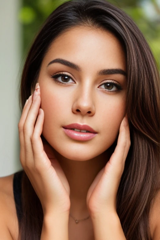 a closeup of a 40 year old woman with a hand on her face, mujer atractiva, foto de una mujer hermosa, mujer hermosa cara, cara y cuerpo atractivos, una hermosa joven, hermosa cara atractiva, cara hermosa y piel perfecta, muchacha atractiva, hermoso cuerpo y rostro detallados, pose expresiva de belleza natural, pose atractiva, cinematic beautiful natural skin, hermoso rostro estetico