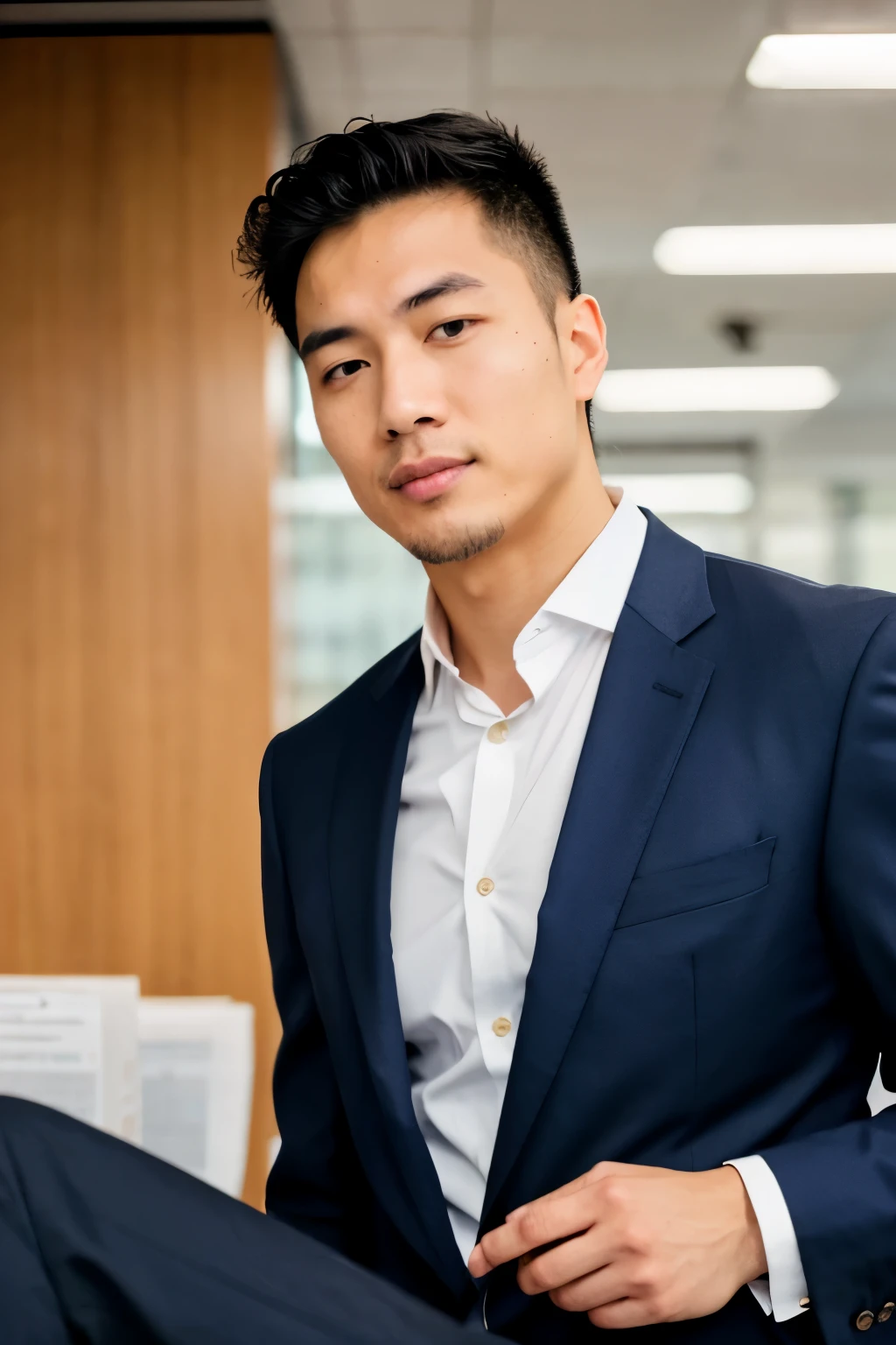 Please create a realistic professional LinkedIn portrait of a handsome Asian guy, wearing a dark blue suit, working at a company called Bitsgap.