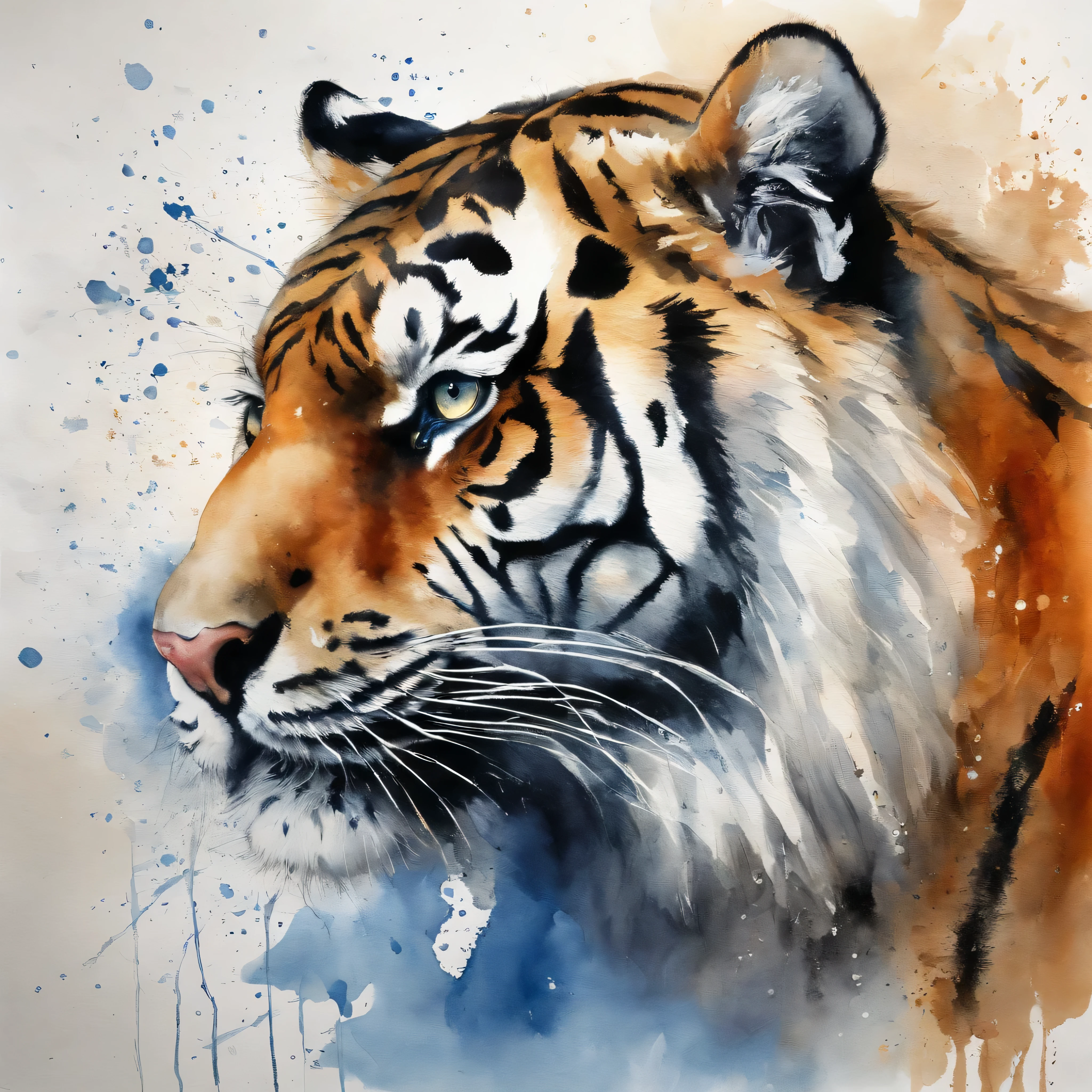 Create a realistic image of a Siberian tiger where its striking gaze is fixed straight ahead and its body blends into an abstract background with different shades of blue and the blue spots gently form an abstract butterfly