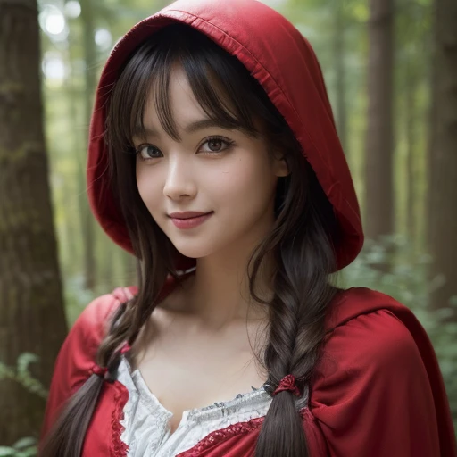 Standing in the forest、Hair flow、 ((highest quality、masterpiece、8k、Best image quality、Ultra-high resolution、Award-winning works)、(Accurate anatomy:1.1)、(Look at me and smile:1.1)、Shining fair skin with Ultra-high resolution、The most detailed face、Ultra-high resolution detailed face、Ultra-high resolutionの髪の毛、(Ultra-high resolution eye:1.1)、Beautiful face drawn in every detail、little red riding hood Costumes , Chest to chest, Strange atmosphere, A real werewolf stares at her......., Dark Light, in the forest , Gorgeous Accessories