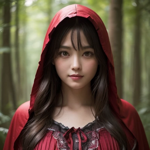 Standing in the forest、Hair flow、 ((highest quality、masterpiece、8k、Best image quality、Ultra-high resolution、Award-winning works)、(Accurate anatomy:1.1)、(Look at me and smile:1.1)、Shining fair skin with Ultra-high resolution、The most detailed face、Ultra-high resolution detailed face、Ultra-high resolutionの髪の毛、(Ultra-high resolution eye:1.1)、Beautiful face drawn in every detail、little red riding hood Costumes , Chest to chest, Strange atmosphere, A real werewolf stares at her......., Dark Light, in the forest , Gorgeous Accessories