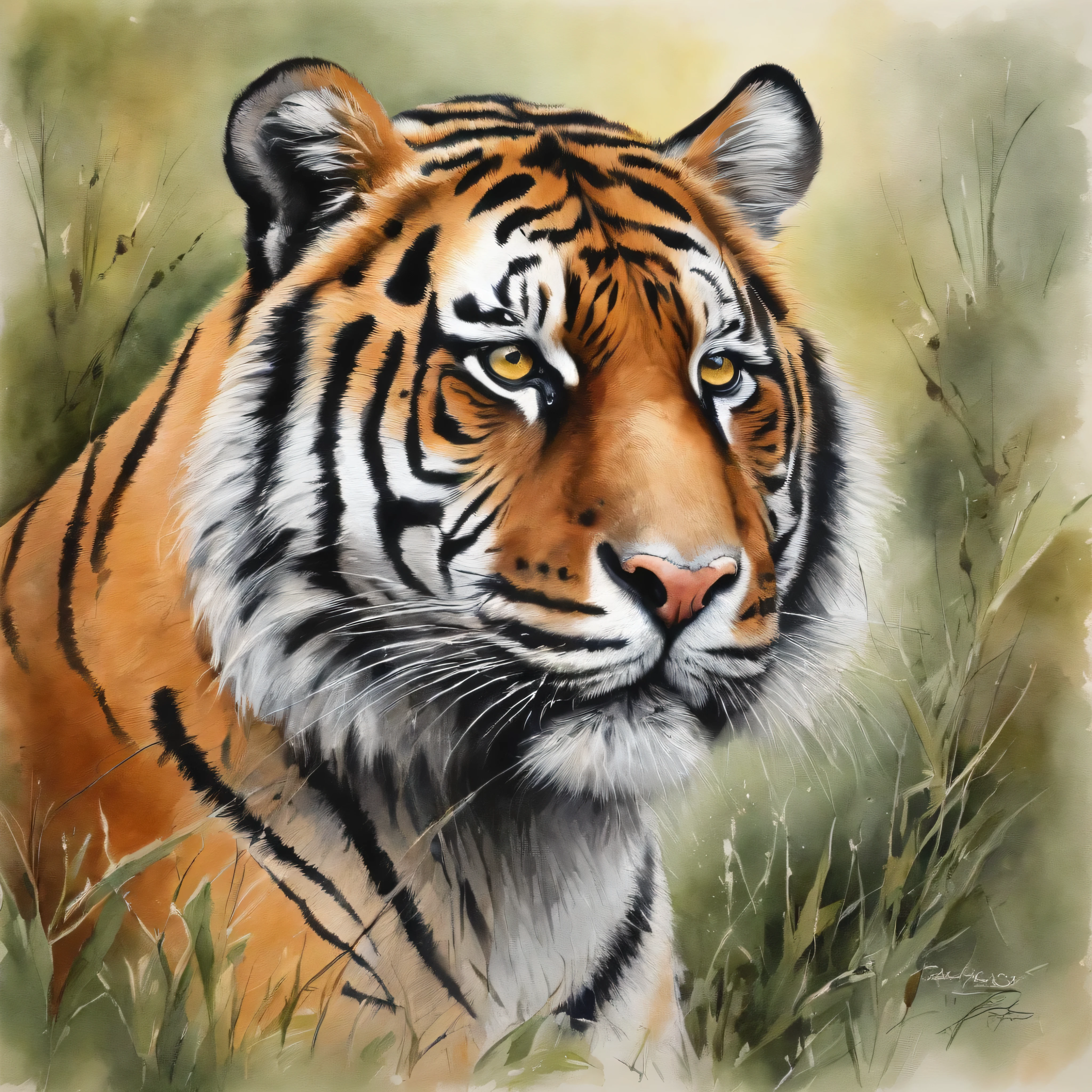 Drawing, a tiger, nature, pastels, by Harry Bush, James Montgomery Flagg, Louis van Baarle, Jim French and Ross, detailed realistic eyes, very beautiful