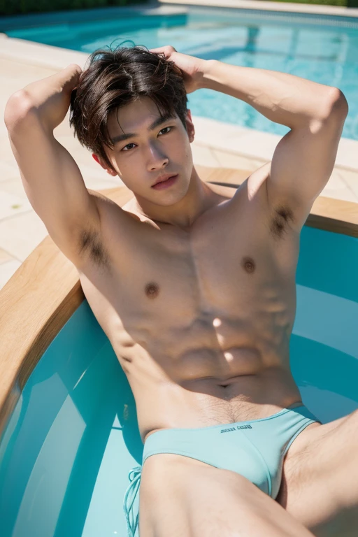 Masterpiece, Best Quality, 1 Asian Model Men, soft face, baby face, muscular, white skin, lifted arms, spread legs, sitting, sexy bikini, pool background, lying down, hard lighting on the body, Natural eyes, Short and delicate brown hair, Sexy Man, looking at the viewer, shirtless, Small plots, Muscular posture, pubes, (extremely handsome: 1.2), 8K, Ultra HD Resolution,