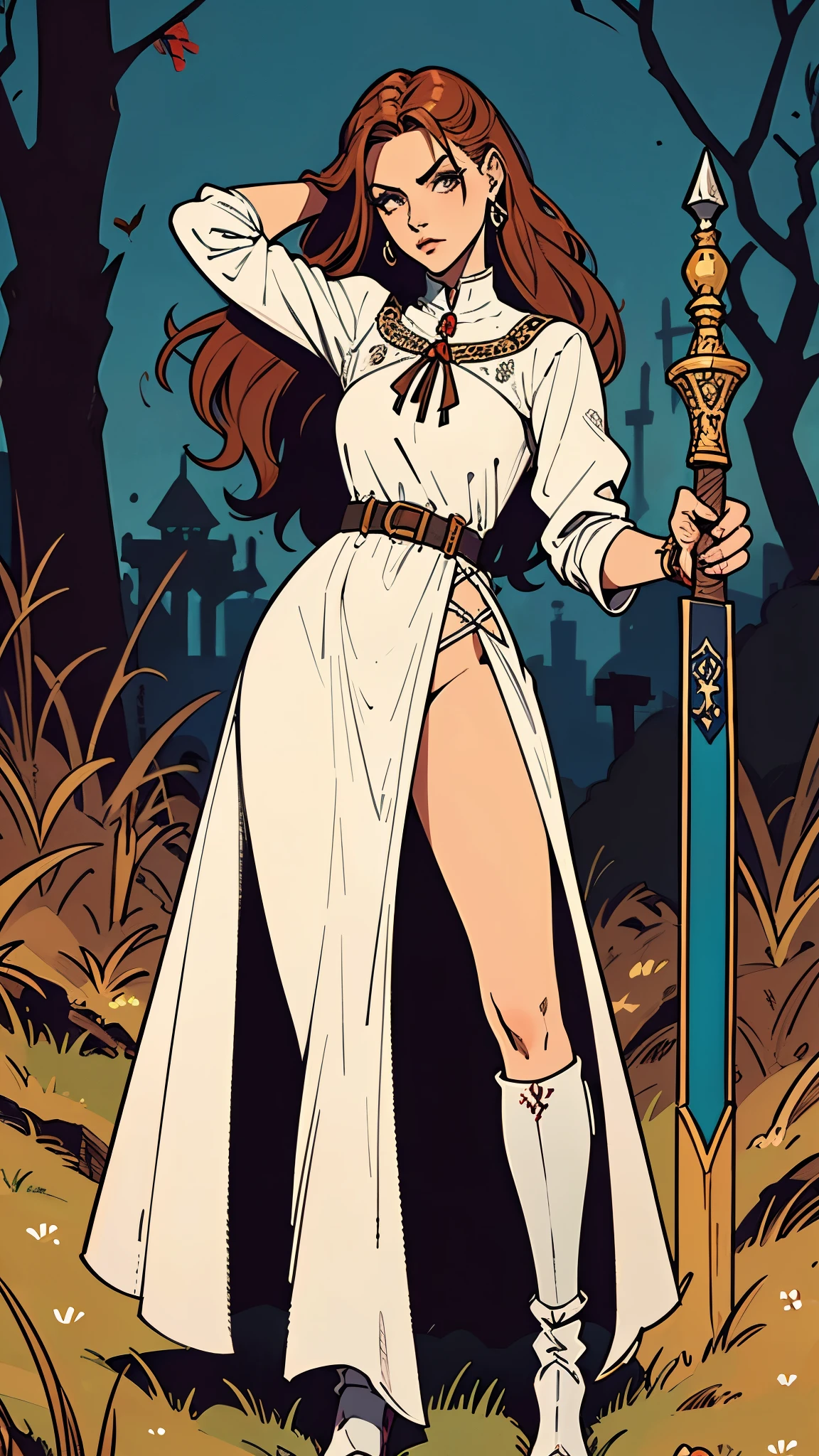 Mujer alta de vestido medieval color blanco, entre abierta la tela en la pierna, botas de cuero, ojos marrones, cabello marron, piel canela, con una sicatris en el cuello, aretes, pulseras, con una espada larga en la mano, pose de batalla
