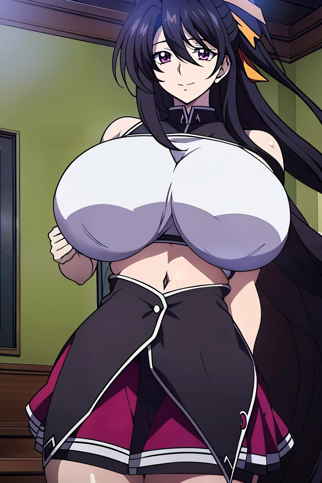 An anime-style artwork depicting akeno himejima from the anime from the anime High School DxD

Tags: akeno himejima from the anime High School DxD,  , miniskirt, (black crop top:1.1), (black hair:1.1), purple eyes, looking at viewer,  long hair , anime, detailed eyes, detailed lips, ass, 1girl, solo, huge breasts, smiling expression, intense gaze, dynamic pose, indoor, palace, vibrant colors, digital art, high-resolution, professional quality, gigantic breasts, (underboob : 1.4)), curvy, cowboy shot, (gigantic breasts: 1.4),