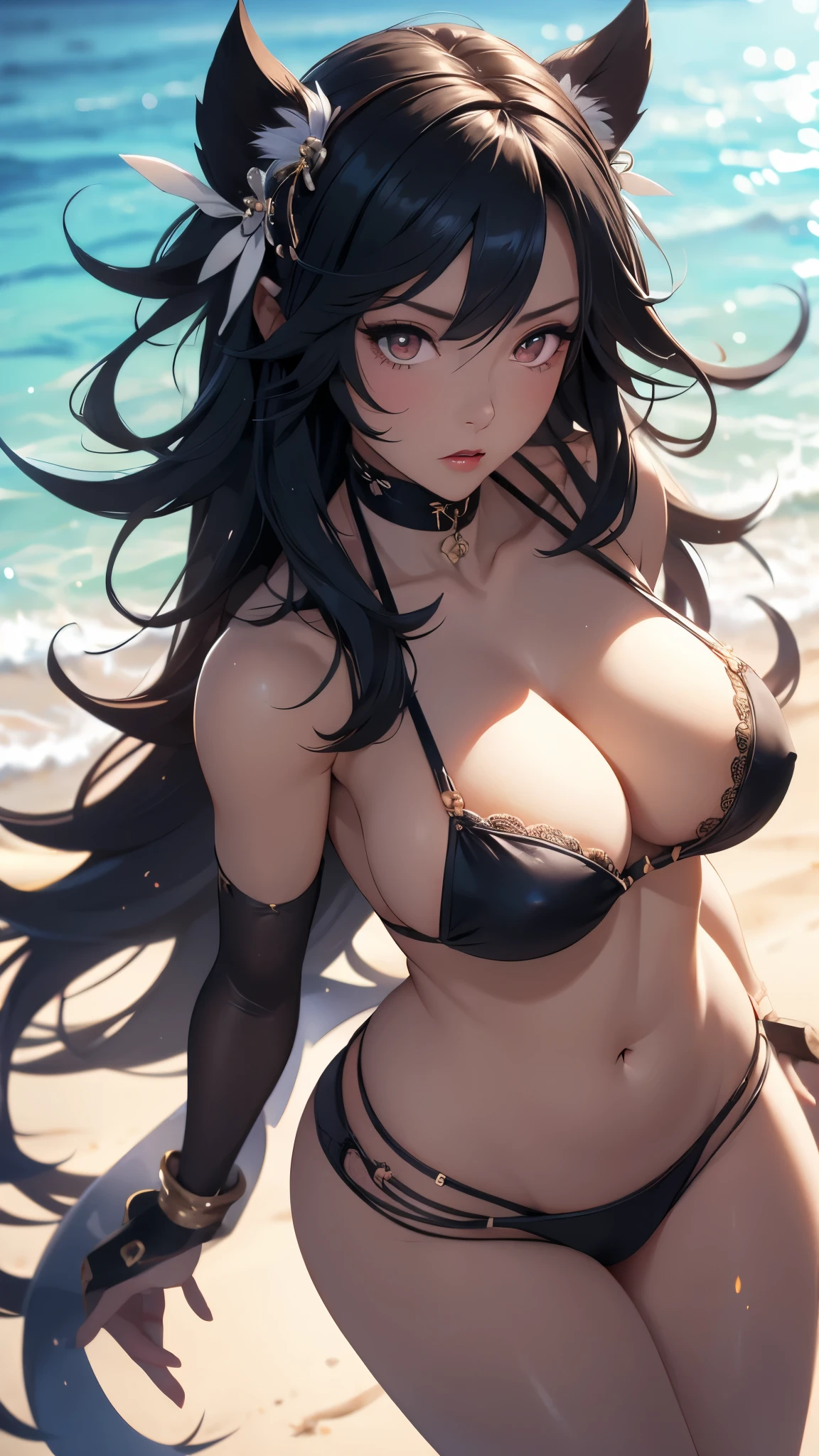 Yoruichi, nue (huge tits), cheveux blancs, Haut du corps, abdos, symmetrical round breasts, deserted beach, gros seins, gigantesque seins, 4K ultra UHD, mains parfaites, cing doigts, yeux parfaits, bikini dentelle rouge