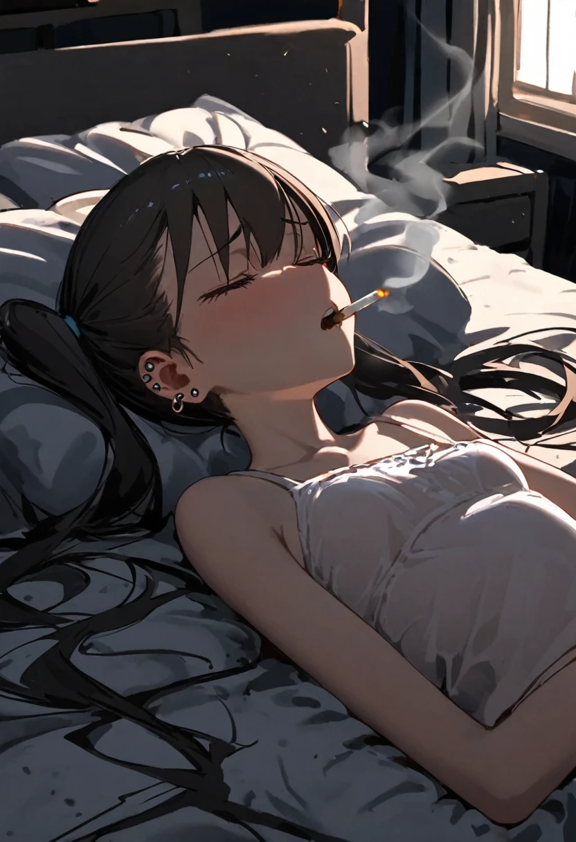 a girl lying on her back, small breasts, on the bed, piercings, pain, agony, ager, high school girl, pigtails, rapidly smoking cigarettes, sucking very hard on cigarette, deeply inhaling, the cigarette ash is growing very long, the cigarette ash is very long, SMOKE IN MOUTH, lots of cigarette ash