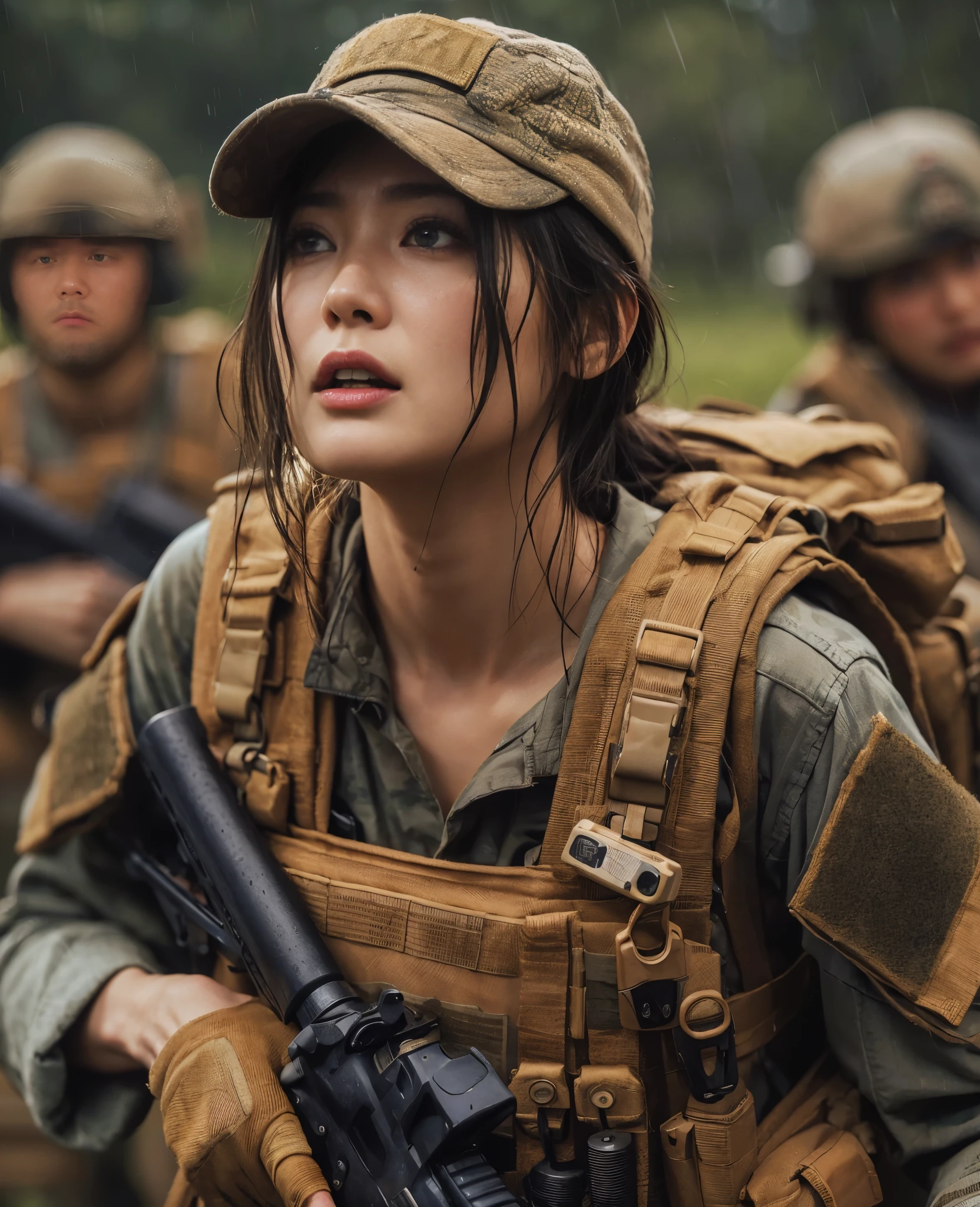 8k,Realistic Skin Texture、Superrealism、Realistic Photo、Japanese Women in the U.S. Army、Bulletproof vest、、Navigate the swamp as a team、Confused expression、backpack、cap、Heavy equipment、Dynamic action pose、A groundbreaking composition、Sweaty