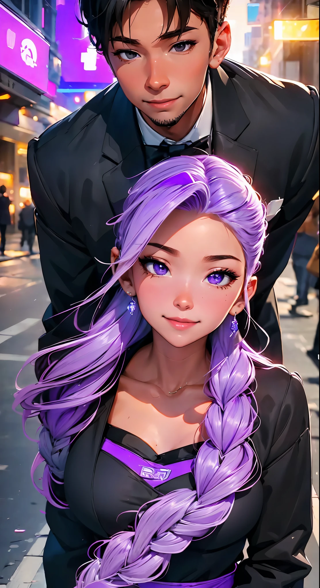 1 boy,Girl with purple and white gradient double braids,romantic couple,Smiling Face,as thick as thieves,Background blur,high quality,Artistic sense,cinematic atmosphere,Luxury lighting