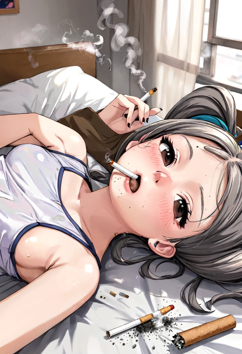 a girl lying on her back, small breasts, on the bed, piercings, pain, agony, teenager, high school girl, pigtails, rapidly smoking cigarettes, sucking very hard on cigarette, deeply inhaling, the cigarette ash is growing very long, the cigarette ash is very long, SMOKE IN MOUTH, lots of cigarette ash