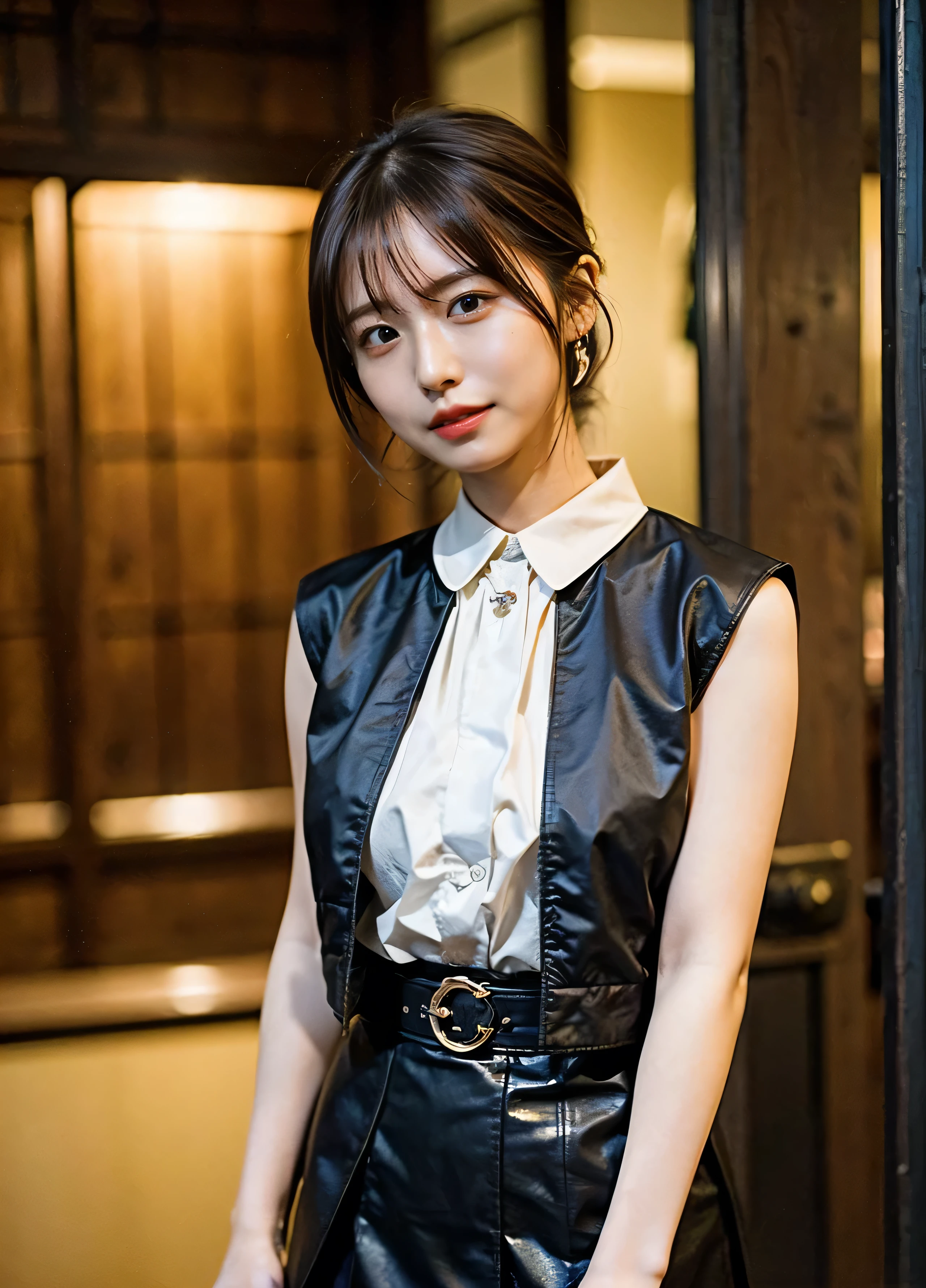 、Small earrings、Cute sleeveless、Big Tits、Neon city at night、illumination、Background Blur、Leather Belt、with rufflessleeveless、Braid only the front hair、Light brown hair、Teeth grinding、{{Cowgirl Shot}}、((Close-up shot from the waist up、Big Breasts:1.4))、Breast swelling、Big Breasts、Smile、Silk clothing、Big Breasts that can be seen even through clothes、Braid only the front hair、Cowboy Shot、Gorgeous white collared silk shirt and brown skirt、Wear it elegantly、Luxury Bags、Sex in a stylish love hotel with shining illumination、A lovely smile、((Nagoya street corner))、Full body photo、ring、High-end clothing products、Short skirt、Tuck your hair behind one ear、Silver Necklace、smile、 Elegant ponytail、Caustics、Highly detailed photos、Very beautiful and ideal short hair、Big Breasts、Super no makeup、(8k、RAW Photos、highest quality、masterpiece:1.2)、(Realistic、Realistic)、1 girl、((Medium Short Hair、Looking into the camera:1.4))、Hair blowing in the wind
