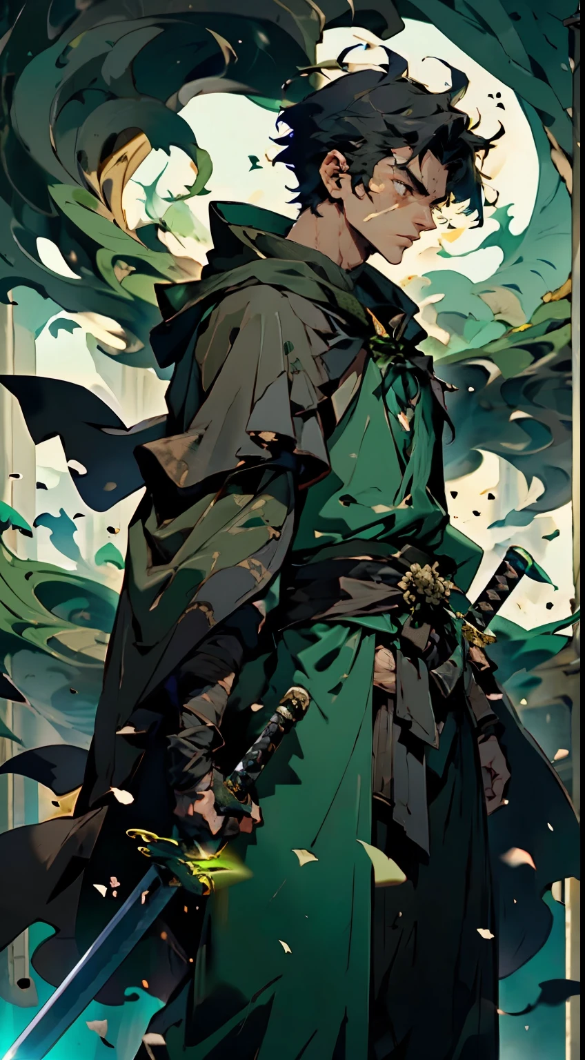 A 15-year-old swordsman with short messy hair holding a sword with a black handle and a very dark green cloak covering half of his body 