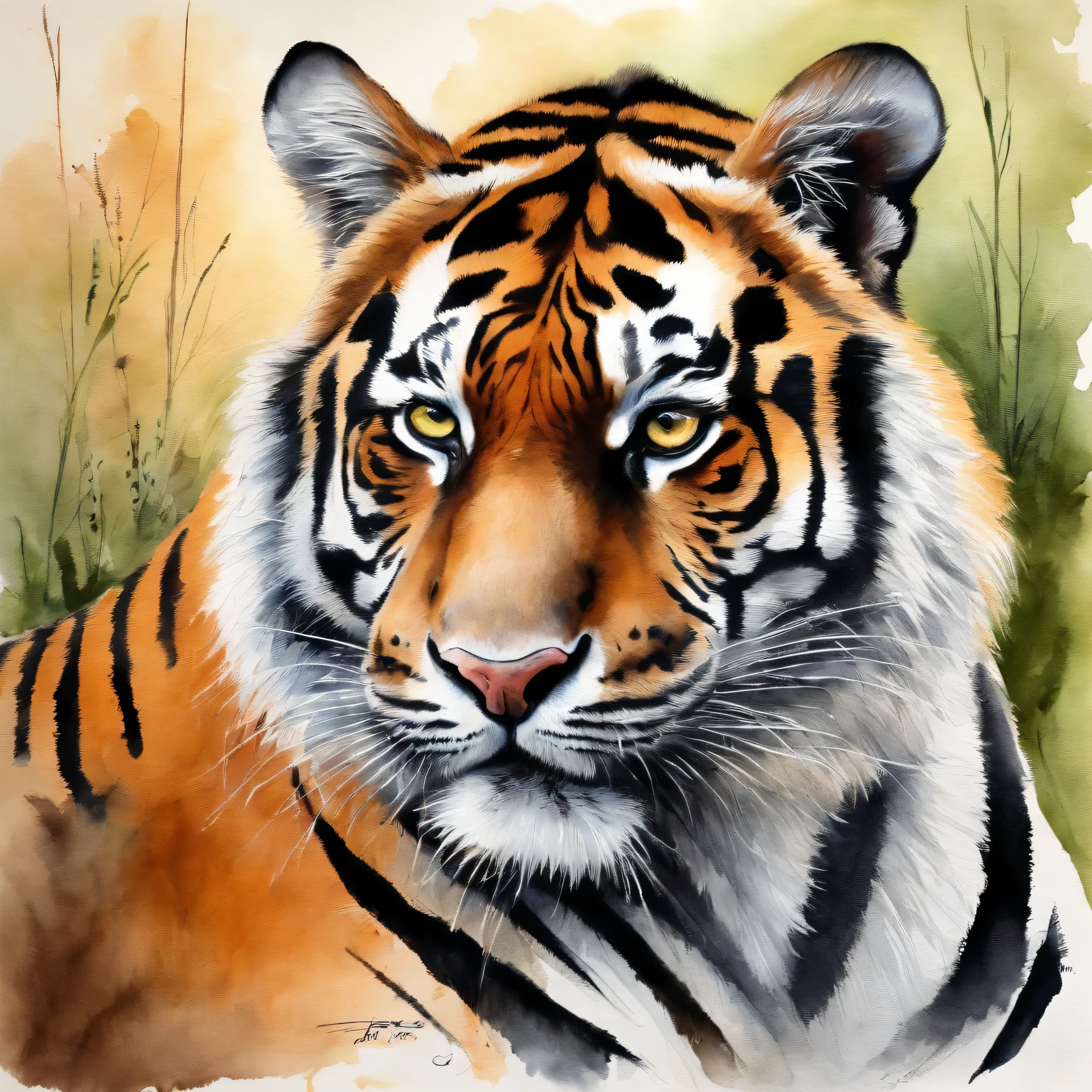 Drawing, a tiger, nature, pastels, by Harry Bush, James Montgomery Flagg, Louis van Baarle, Jim French and Ross, detailed realistic eyes, very beautiful