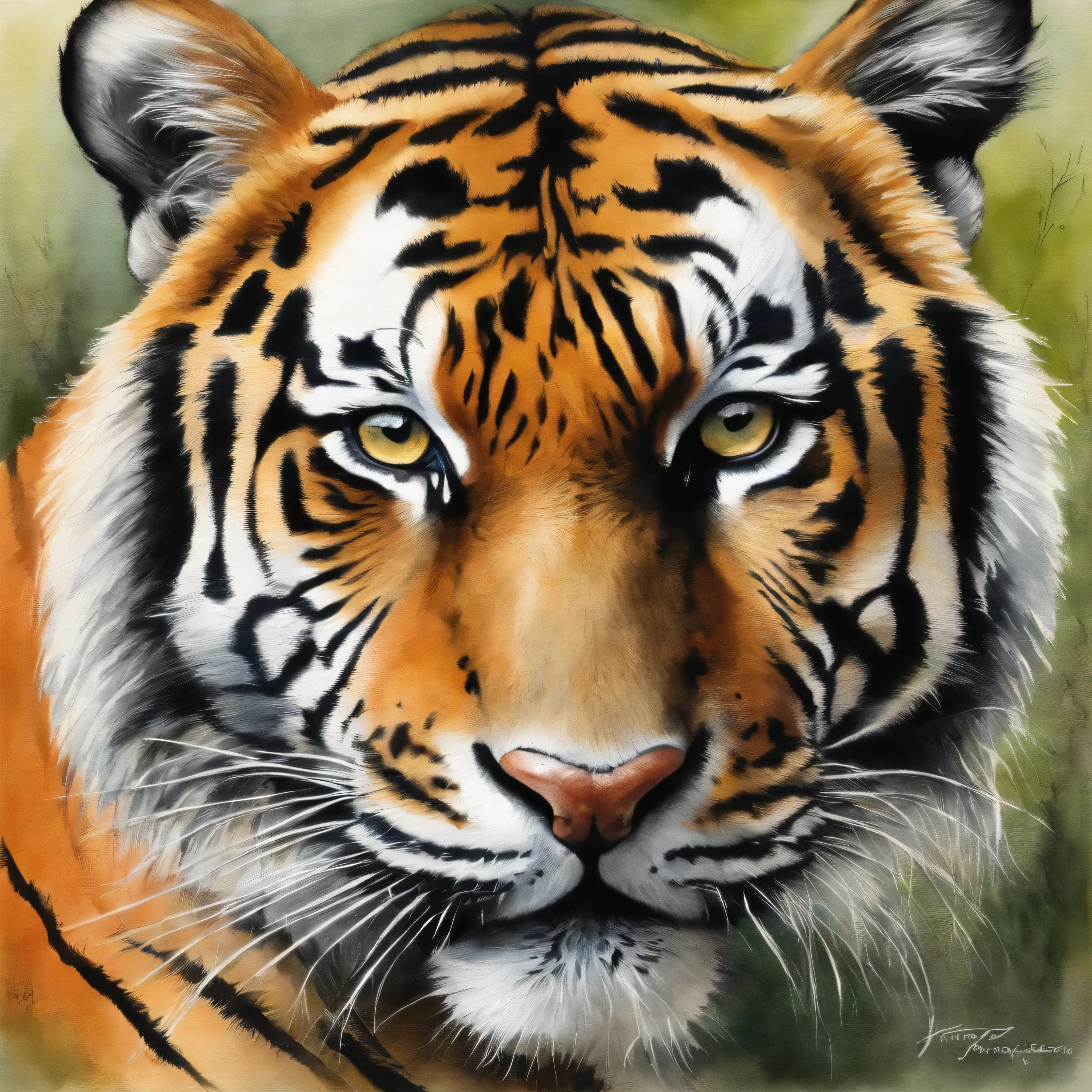 Drawing, a tiger, nature, pastels, by Harry Bush, James Montgomery Flagg, Louis van Baarle, Jim French and Ross, detailed realistic eyes, very beautiful