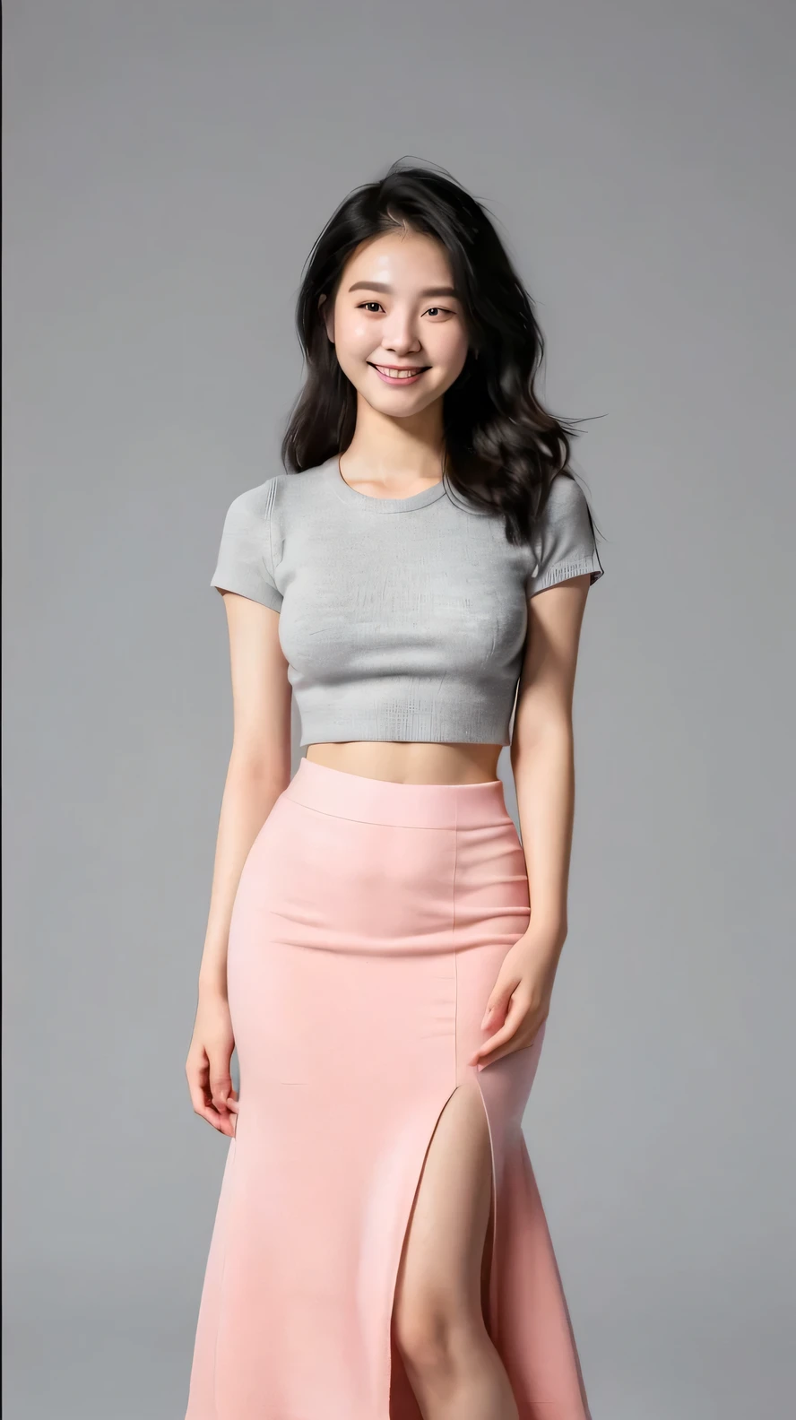 (super highest quality、In 8K、Masseter muscle part、nice illustration、Full body), She is wearing a pink knitted suit, wearing a 70cm skirt, nothing exposed、18 year old Korean girl beautiful and charming woman、slim body, breasts big, hands covering breasts, black hair, faintly standing straight and smiling faintly looking forward.
The background is gray.
