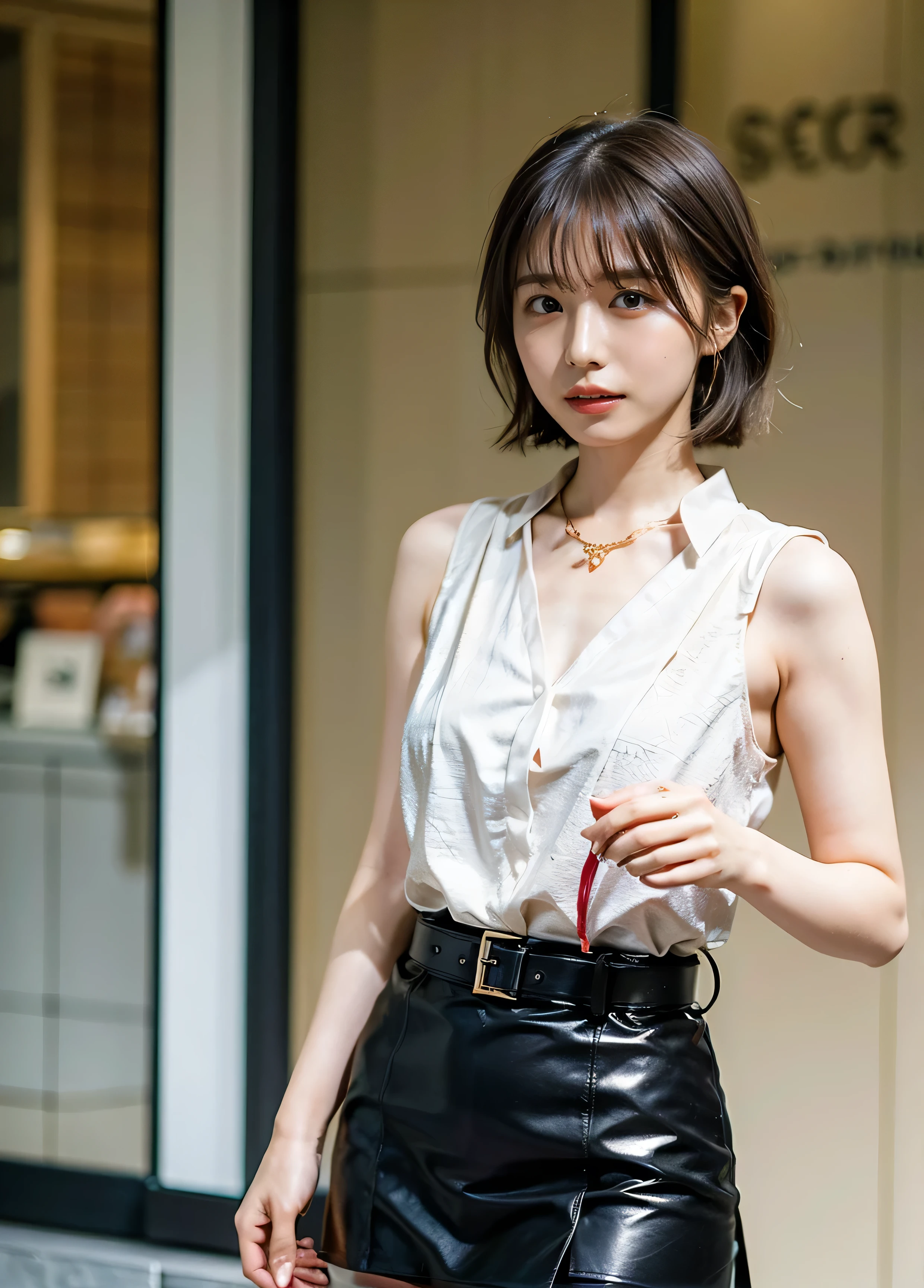 、Small earrings、Cute sleeveless、Big Tits、Neon city at night、illumination、Background Blur、Leather Belt、with rufflessleeveless、Braid only the front hair、Light brown hair、Teeth grinding、｛｛Cowgirl Shot｝｝、（（Close-up shot from the waist up、Big Breasts:1.4））、Breast swelling、Big Breasts、Smile、Silk clothing、Big Breasts that can be seen even through clothes、Braid only the front hair、Cowboy Shot、Gorgeous white collared silk shirt and brown skirt、Wear it elegantly、Luxury Bags、Sex in a stylish love hotel with shining illumination、A lovely smile、（（Nagoya street corner））、Full body photo、ring、High-end clothing products、Short skirt、Tuck your hair behind one ear、Silver Necklace、smile、 Elegant ponytail、Caustics、Highly detailed photos、Very beautiful and ideal short hair、Big Breasts、Super no makeup、(8k、RAW Photos、highest quality、masterpiece:1.2)、(Realistic、Realistic)、1 girl、((Medium Short Hair、Looking into the camera:1.4))、Hair blowing in the wind
