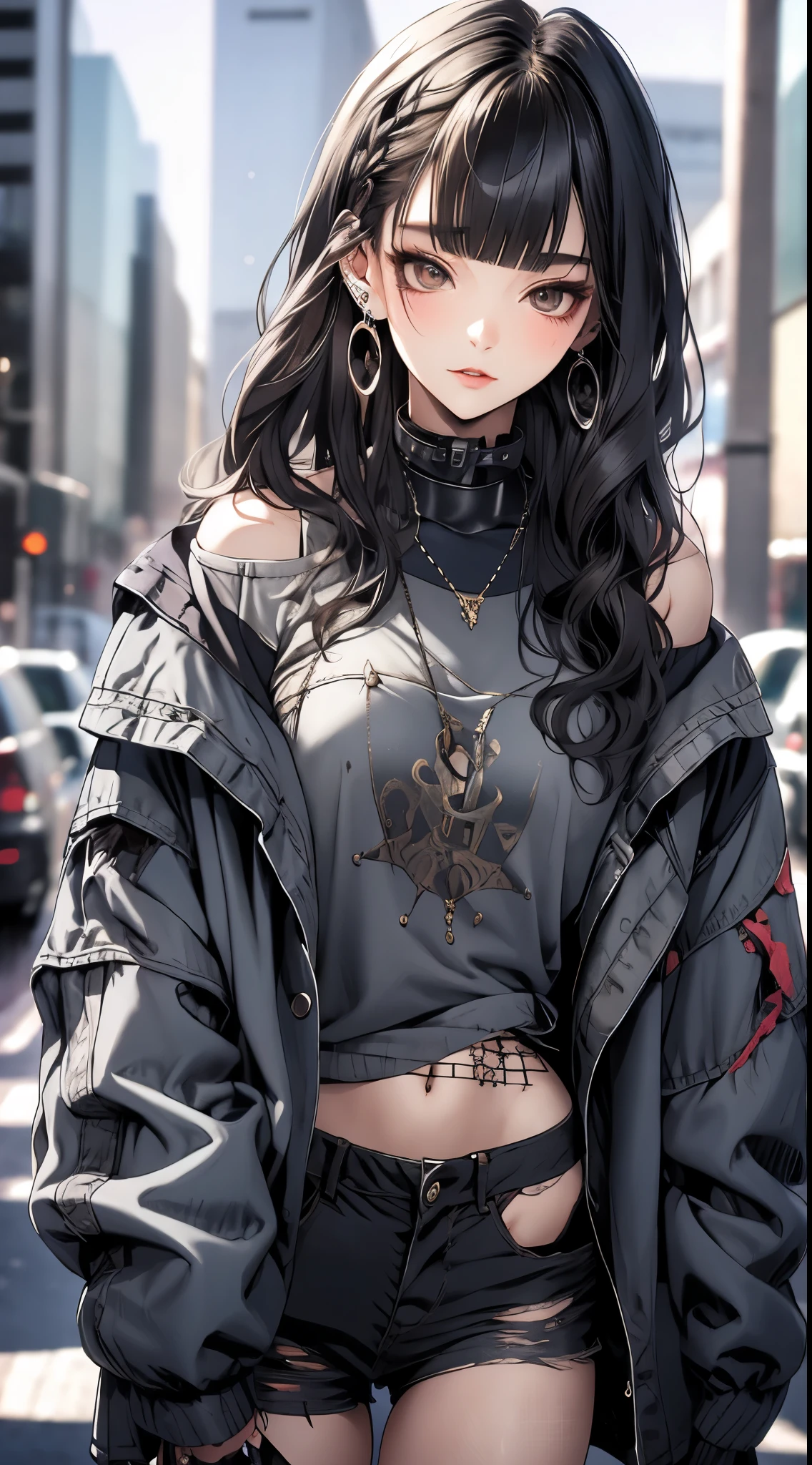 masterpiece, best quality, PIXIV, cool girl, lots of piercings, earrings, dark brown hair, curly hair, blunt bangs, straight bangs, gray eyes, pale skin, gal, gyaru