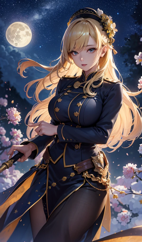 masterpiece, high quality, 4K, Beautiful design, silhouette，blonde， 非常に詳細な夜のStarry Sky,Flower Field， wonderful, Finer details,  Very knowledgeable woman, Highly detailed solo, 1 female,Big Breasts，uniform，Night view，Starry Sky，full moon，