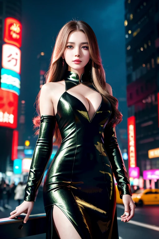 a beautiful young russian girl with perfect proportions, extremely detailed face, deep cleavage, active movement, chestnut long hair, beautiful eyes, slim figure, high slit chinese dress, cyberpunk city background, best quality, 4k, 8k, highres, masterpiece, ultra-detailed, realistic, photorealistic, photo-realistic, vivid colors, studio lighting, professional, digital art, concept art