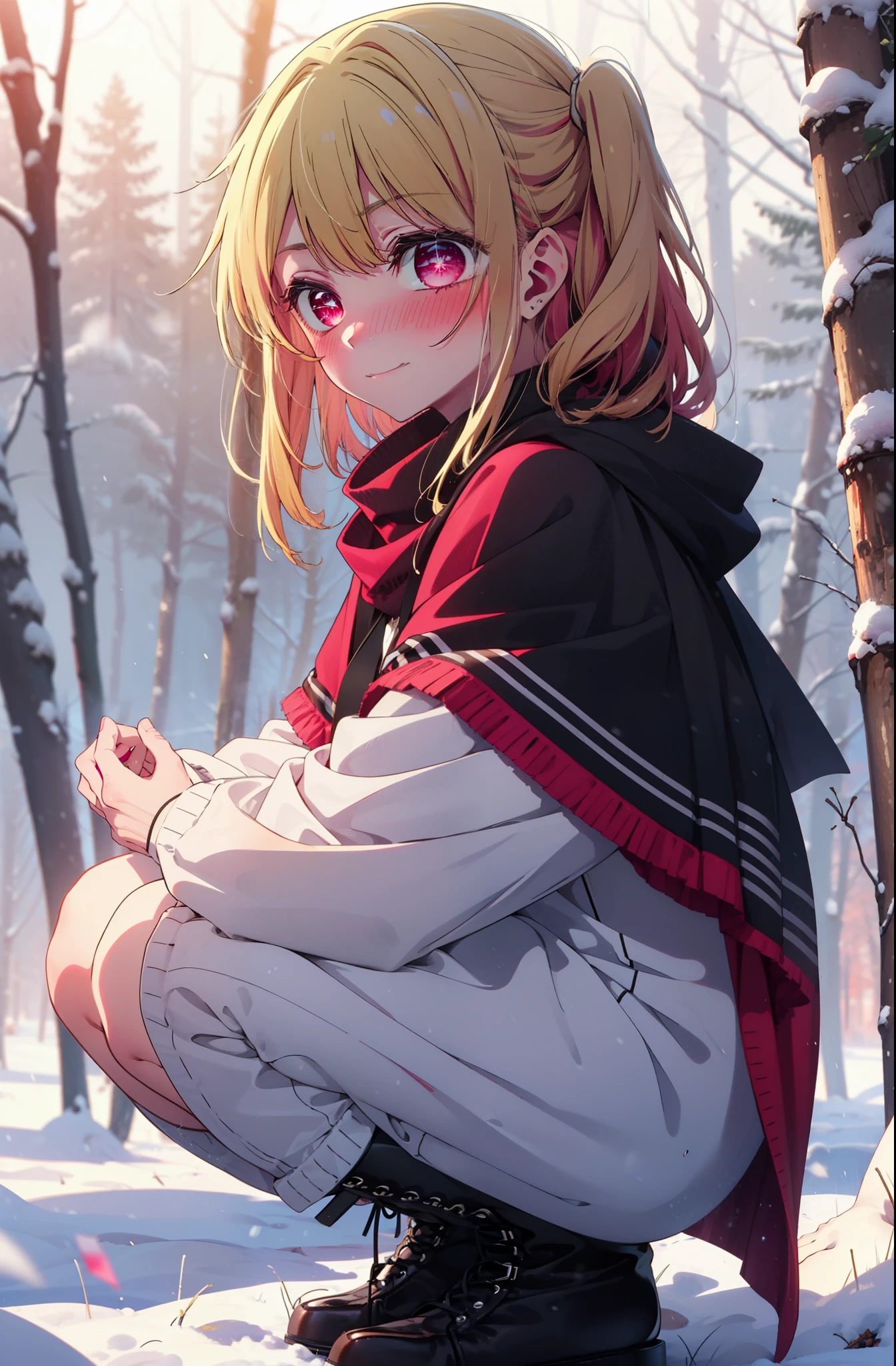 rubyhoshino, Hoshino Ruby, Long Hair, bangs, Blonde Hair, (Pink Eyes:1.3), Side Lock, (Symbol-shaped pupil:1.5), Multicolored Hair, Two-tone hair, smile,,smile,blush,White Breath,
Open your mouth,snow,Ground bonfire, Outdoor, boots, snowing, From the side, wood, suitcase, Cape, Blurred, , forest, White handbag, nature,  Squat, Mouth closed, Cape, winter, Written boundary depth, Black shoes, red Cape break looking at viewer, Upper Body, whole body, break Outdoor, forest, nature, break (masterpiece:1.2), highest quality, High resolution, unity 8k wallpaper, (shape:0.8), (Beautiful and beautiful eyes:1.6), Highly detailed face, Perfect lighting, Extremely detailed CG, (Perfect hands, Perfect Anatomy),
