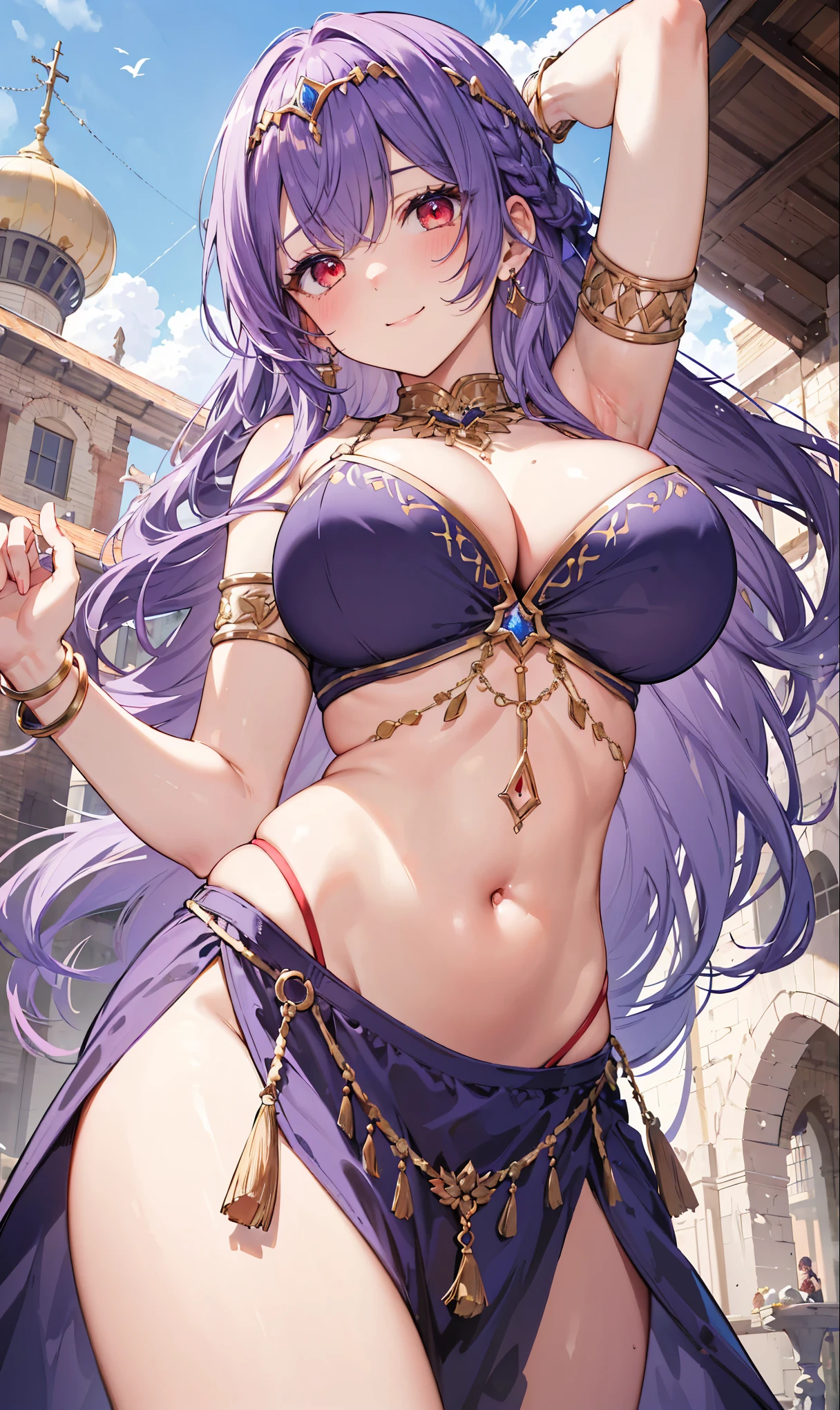 high quality, ultra detailed, best quality, insanely detailed, beautiful, masterpiece, 1girl, medieval plaza, cowboy shot, red eyes, long hair, purple hair, belly dancer, circlet, earrings, armlets, bracelets, bashful smile, large , cleavagstomach