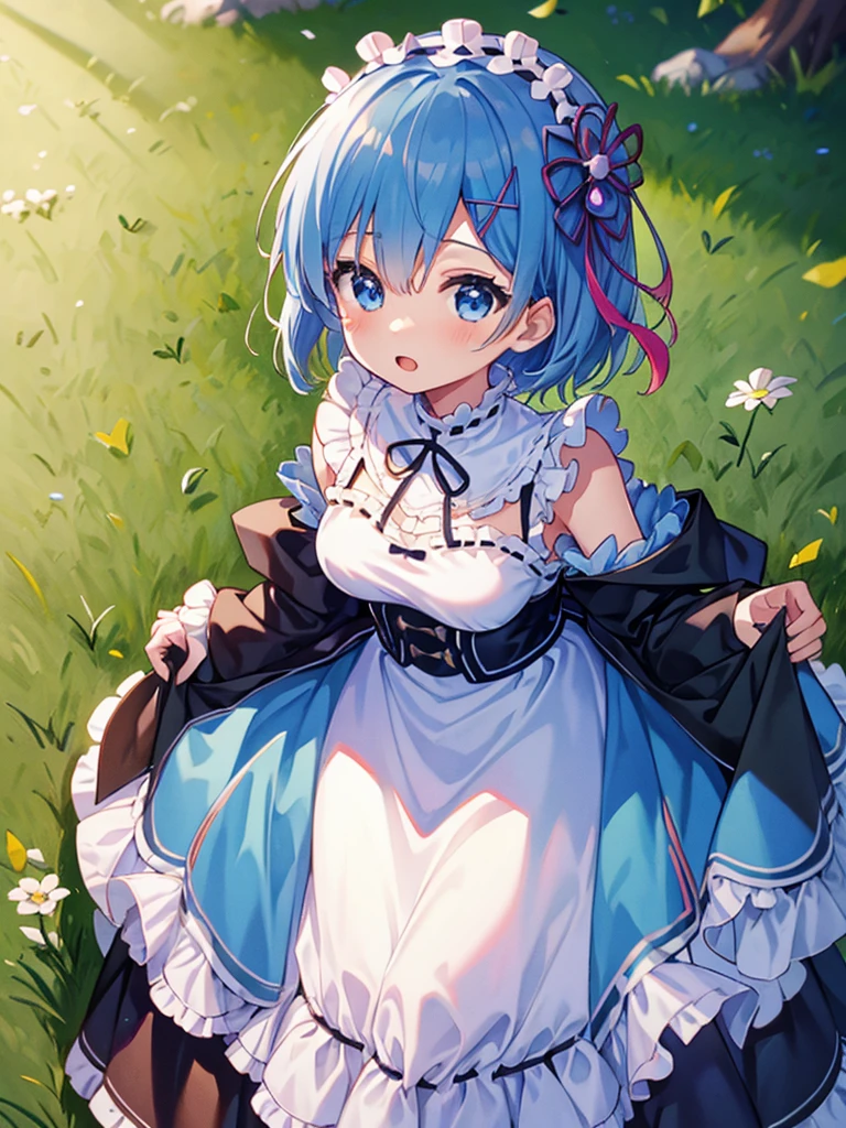 ((solo:1.2)),cute girl in garden,frilly dirndl,from above,cobblestone pavement,aqua hair,fine bob cut,(hair over one eye),(dappled sunlight:1.2),blurry,(depth of field:1.1),head tilt,:o,(petal),wood,butterfly,nsfw, ((nude)), ((no panties)), no clothes, embarrassed, close eyes, open legs, shoot to water from pussy, lift up skirt