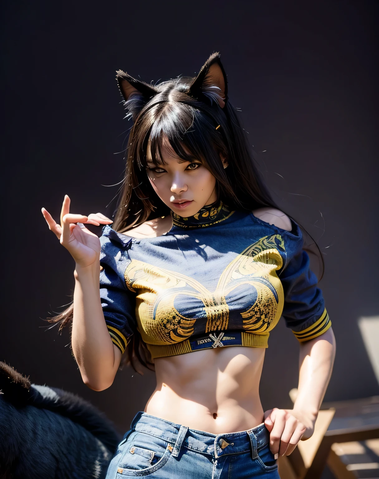cute woman in a crop top and jeans with a cat ear, realistic