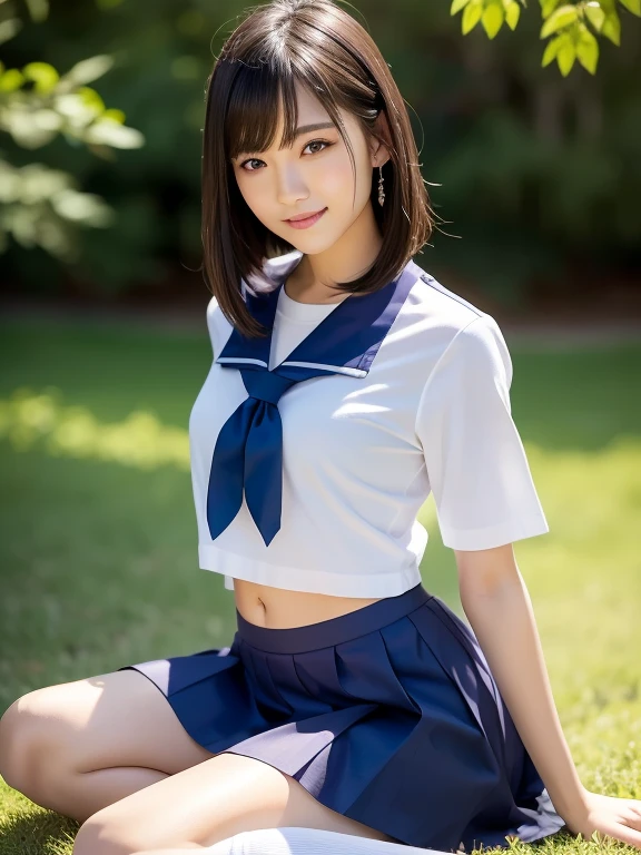 (highest quality:1.5)、(Realistic:1.5)、(1 person:1.5)、Very detailed、High resolution、8k、medium breasts、Natural color lips、Cute Smile、Japanese women、20-year-old girl、Beautiful and elegant face、Perfect and beautiful face、Balanced big eyes、Brunette eyes、Beautiful and elegant face、Natural double eyelids、Natural Bangs、Beautiful thin nose、Beautiful Skin、(Medium Bob Hair)、Natural Bangs、Perfect and beautiful face、Slim face and figure、Look at the viewers、School Sailor Uniform、White short-sleeved blouse shirt, navy pleated micro miniskirt,、Knee-high socks、Beautiful navel、Open the navel、Wearing a school sailor uniform that shows her navel、High-angle composition、(Staring at the camera with a sweet smile)、Bright lighting、Professional Lighting、Forward lighting、Beautiful feet:1.2、Smooth Skin、Slim Body、Slim waistline、slim thin thighs、Sit on the ground、Lavender Fields、Lavender blooming hill、
