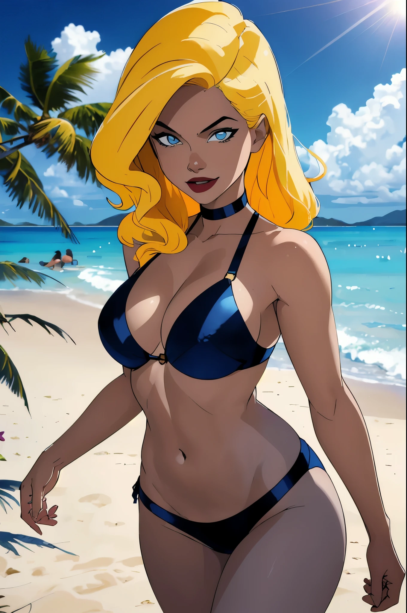 ((masterpiece,best quality)), absurdres,Black_Canary_JLU, solo, cinematic composition, yellow hair, sexy blue bikini, beach, tropical beach, daytime, sunny, cloudy, flare, ocean in background, closeup, upper body, smiling, happy, excited, looking at viewer, sexy pose, selfie