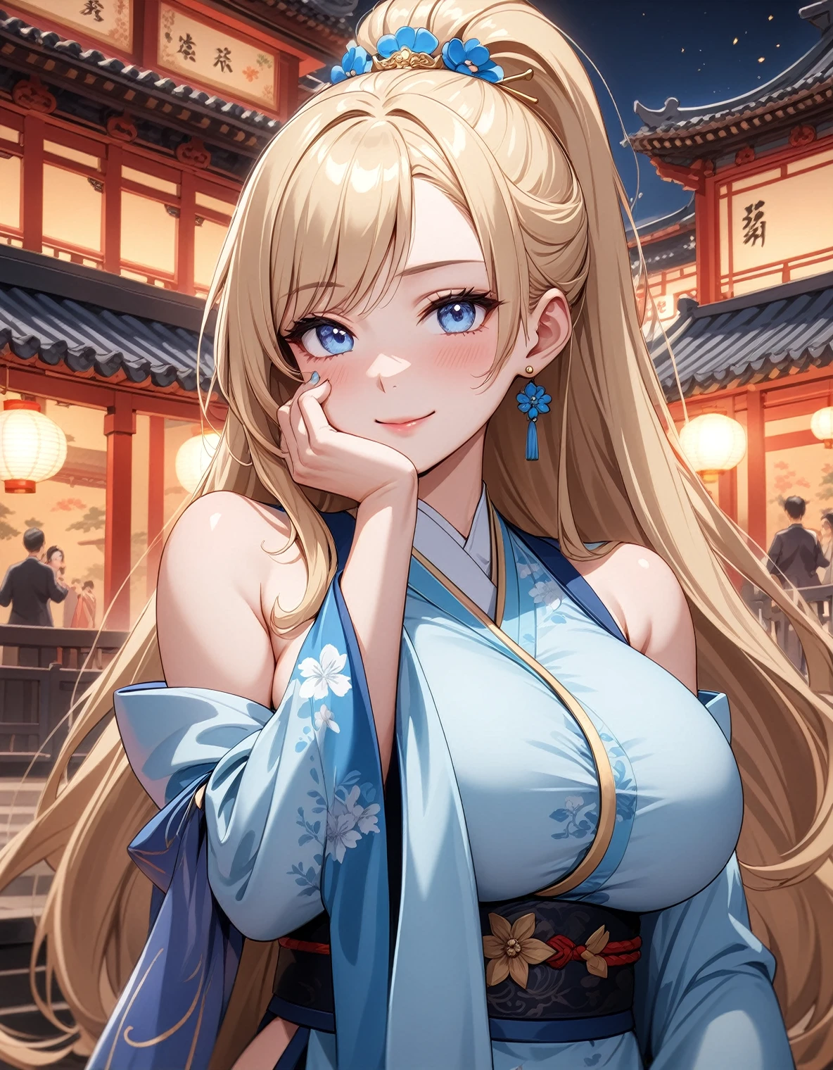 ((One girl)), Beautiful Face,Very happy expression,Blushing,Glossy Lips,Abstract, night,Chinese court, ((Anime style background)),masterpiece, highest quality, so beautiful, Absurd, up to date, Complex details, Pink long nails,AI-generated, Complex,High resolution, highest quality, super high quality,3D Images、View the viewers、3D Images,one person,Long Blonde Hair,High Ponytail,blue eyes,Anime woman posing for a photo, [[Fine grain、Colorful eyes、Shining Eyes:1.15]],(Squint your eyes:1.1),a hyperRealistic , hyperRealistic , Realistic , Blonde anime woman with long hair, Smooth anime CG art, Beautiful Chinese court lady, Kimono of the Chinese Imperial Court,Gorgeous and vibrant light blue outfit,Flower Hair Ornaments,Earrings,(Large Breasts:1.4),Mature Body,tall,Big Ass,Fine details,Abdominal muscles,Tilt your face,Put your hands on your face