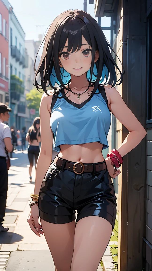 In a stunning anime masterpiece, a stunning girl is shown from the front showing off beautiful curves, her piercing red eyes shining with a radiant smile. Her deep blue hair shines like stones, with vibrant inner strands that shine like polished stones. Wearing a sky blue sleeveless shirt and shorts, she flaunts her medium breasts under a two-tone latex sports bra. A punk belt cinches her waist, while leather bracelets adorn her wrists. As she looks directly at the viewer, her hand rests on her hip and she shows off a beautiful, sexy body, with a sparkling necklace surrounding her neck. The bright colors of the street scene behind her create a kaleidoscope effect, with the beautiful outdoor space serving as a stunning backdrop.