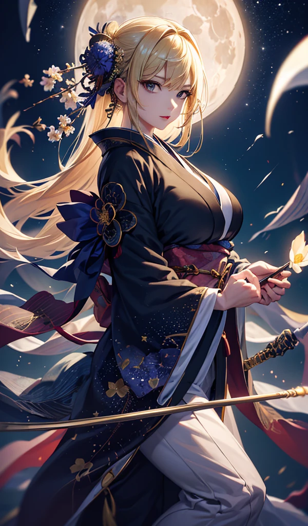 masterpiece, high quality, 4K, Beautiful design, silhouette,blonde, 非常に詳細な夜のStarry Sky,Flower Field, wonderful, Finer details, Very knowledgeable woman, Highly detailed solo, 1 female,Big Breasts,kimono,Night view,Starry Sky,full moon,