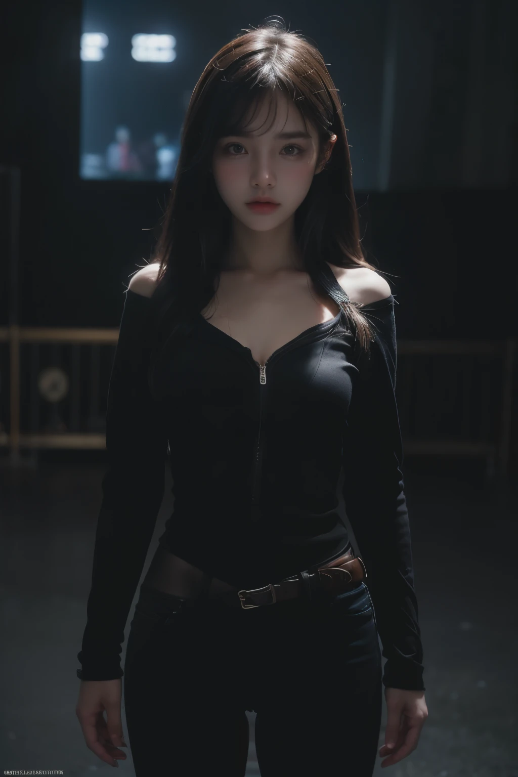 1 Girl, (looking at the audience:1.2), Detail face,  (Standing girl, rending on cgsociety, Black Shadow, streaming media, New York Background), , atmosphere, (RAW photos, best quality), (Practical, photo-Practical:1.3), masterpiece, Extremely delicate and beautiful, Very detailed,