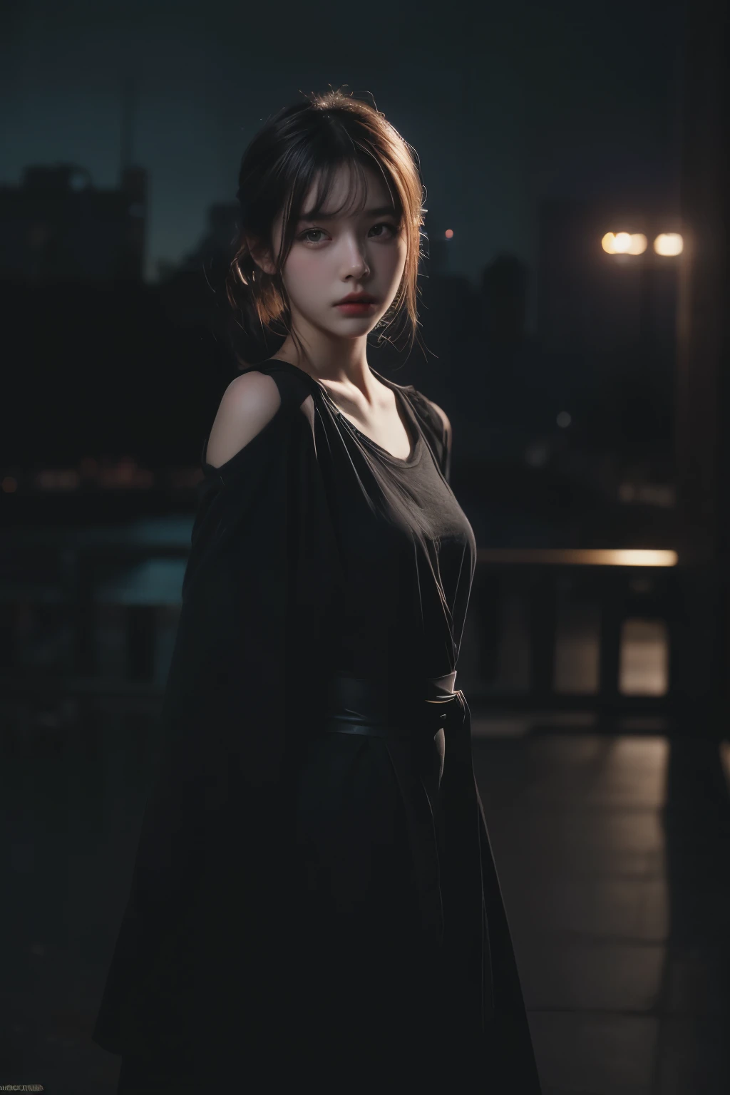 1 Girl, (looking at the audience:1.2), Detail face,  (Standing girl, rending on cgsociety, Black Shadow, streaming media, New York Background), , atmosphere, (RAW photos, best quality), (Practical, photo-Practical:1.3), masterpiece, Extremely delicate and beautiful, Very detailed,