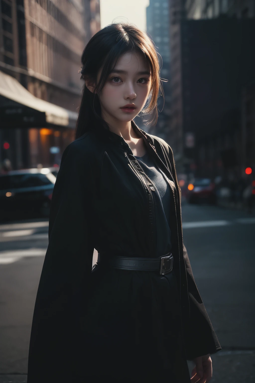 1 Girl, (looking at the audience:1.2), Detail face, (Standing girl, rending on cgsociety, Black Shadow, streaming media, New York Background), , atmosphere, (RAW photos, best quality), (Practical, photo-Practical:1.3), masterpiece, Extremely delicate and beautiful, Very detailed,