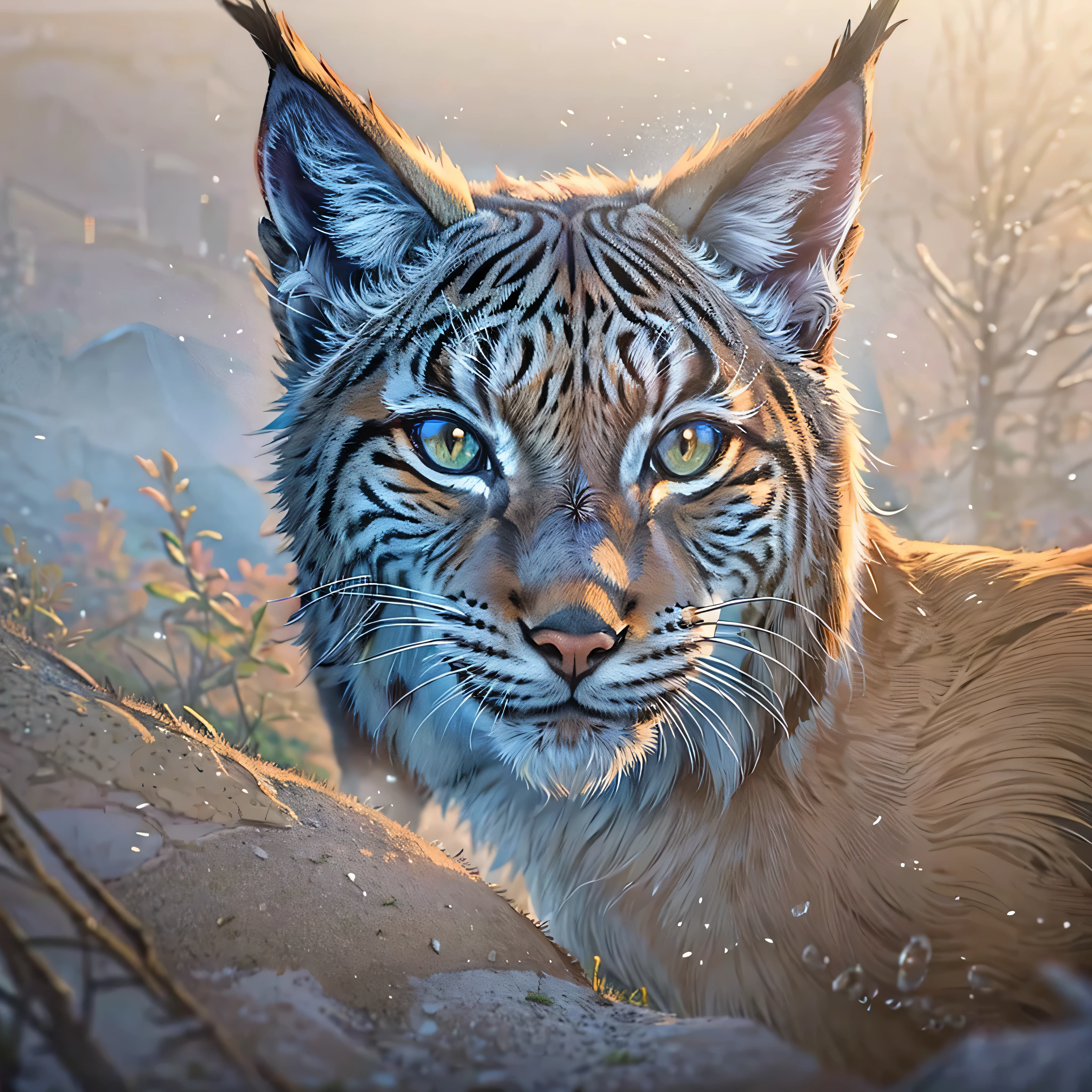 dynamic, wide, cinematic view, captures RAW quality, a lynx observing the expanse of the tundra where snow, grass and trees mix under the light of a dawn amidst the fog between the trees, camera lens effect, soft glow, perfect angle,