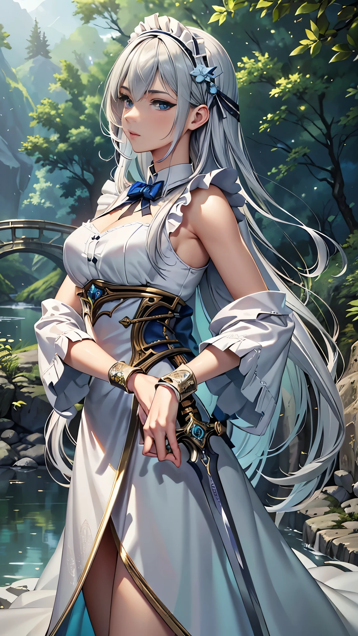 masterpiece, best quality, 8k, ultra-detailed, official artwork, Battle Maid, maid outfit, young beautiful woman, solo, mature face, flawless facial features, glowing skin, shiny eyes, grey eyes, long silver hair, light blue hair accessory, extremely detailed eyes, hyperrealistic eyes, daytime, forest background, green foliage, river, wooden bridge, aesthetic, upper body, Chrome Silver Wrist Armor, holding a sword in beautiful sword zodiac, Symmetrical clothes, flawless clothes, detailed clothes, detailed swords, flawless swords, High Detailed Pattern Wrist Armor, detailed background, bokeh, depth of field, layer cut, perfect CG, CG unity