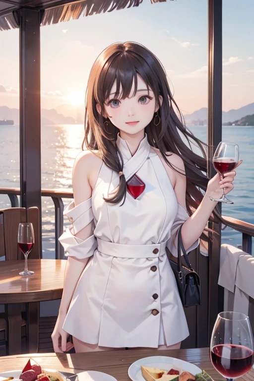 On an ocean,There is a yacht,There is a girl on the yacht,She holds a glass of red wine,Drink to the sky。