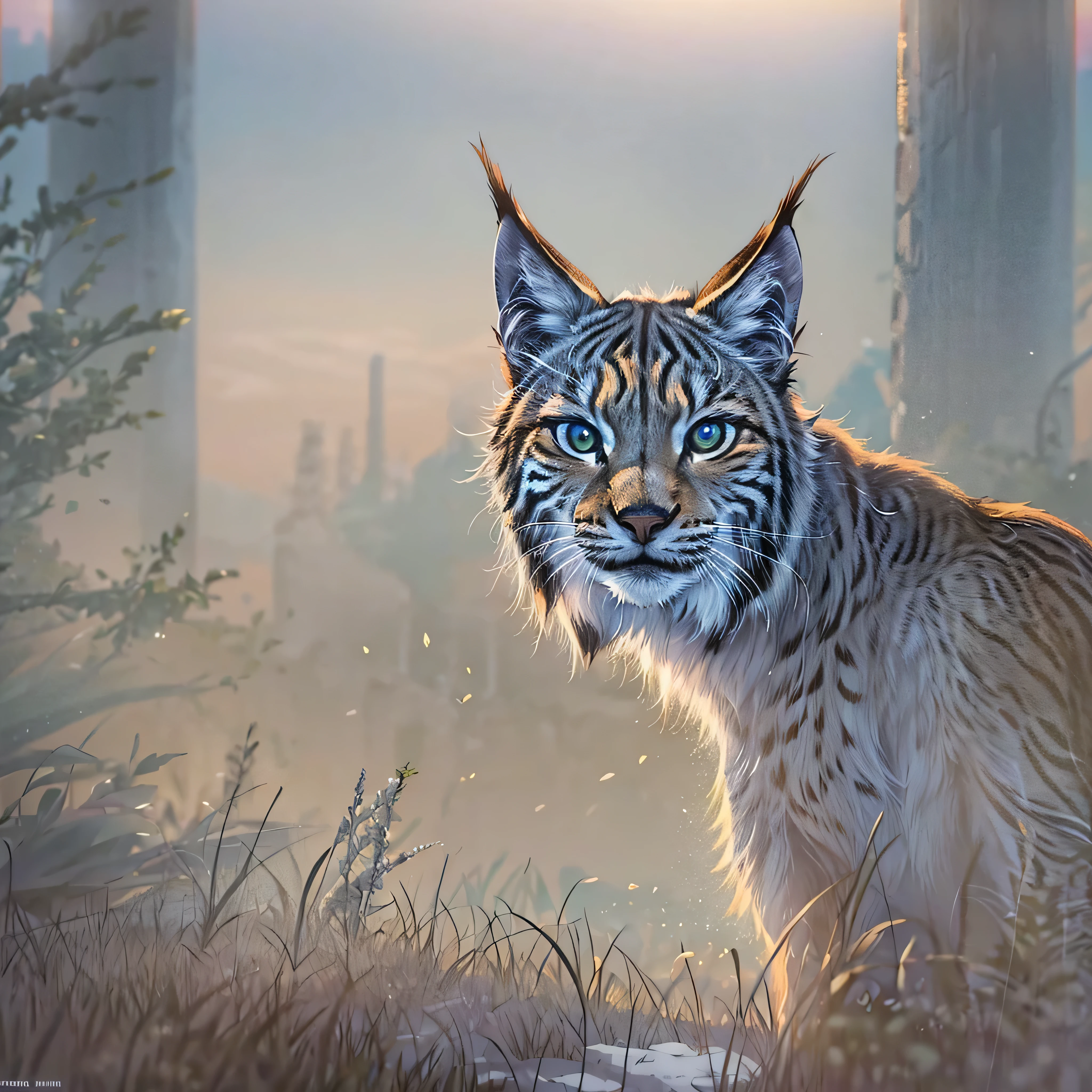dynamic, wide, cinematic view, captures RAW quality, a lynx observing the expanse of the tundra where snow, grass and trees mix under the light of a dawn amidst the fog between the trees, camera lens effect, soft glow, perfect angle,